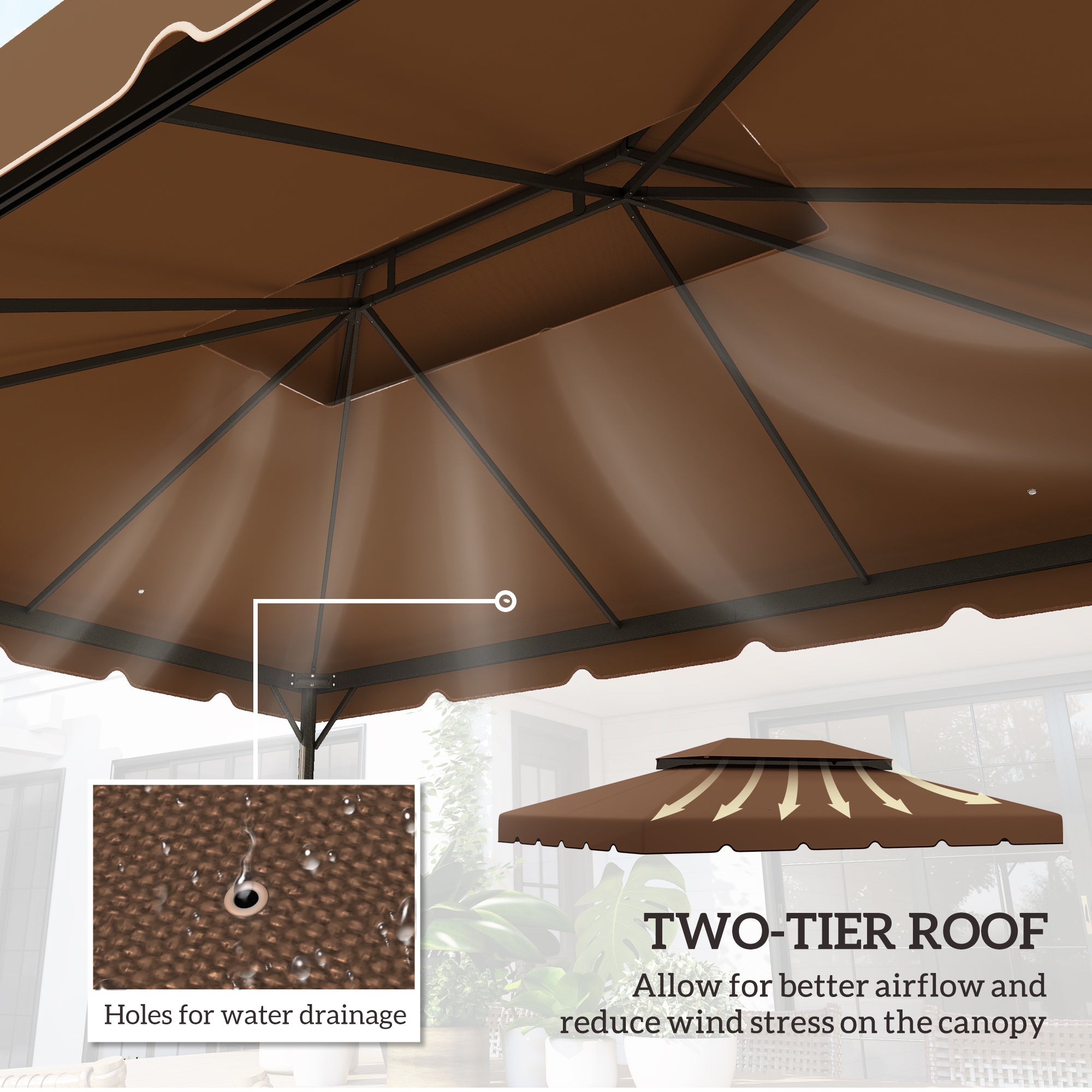 Outsunny 13.1' x 9.8' Gazebo Replacement Canopy, Gazebo Top Cover with Double Vented Roof for Garden Patio Outdoor TOP ONLY, Coffee