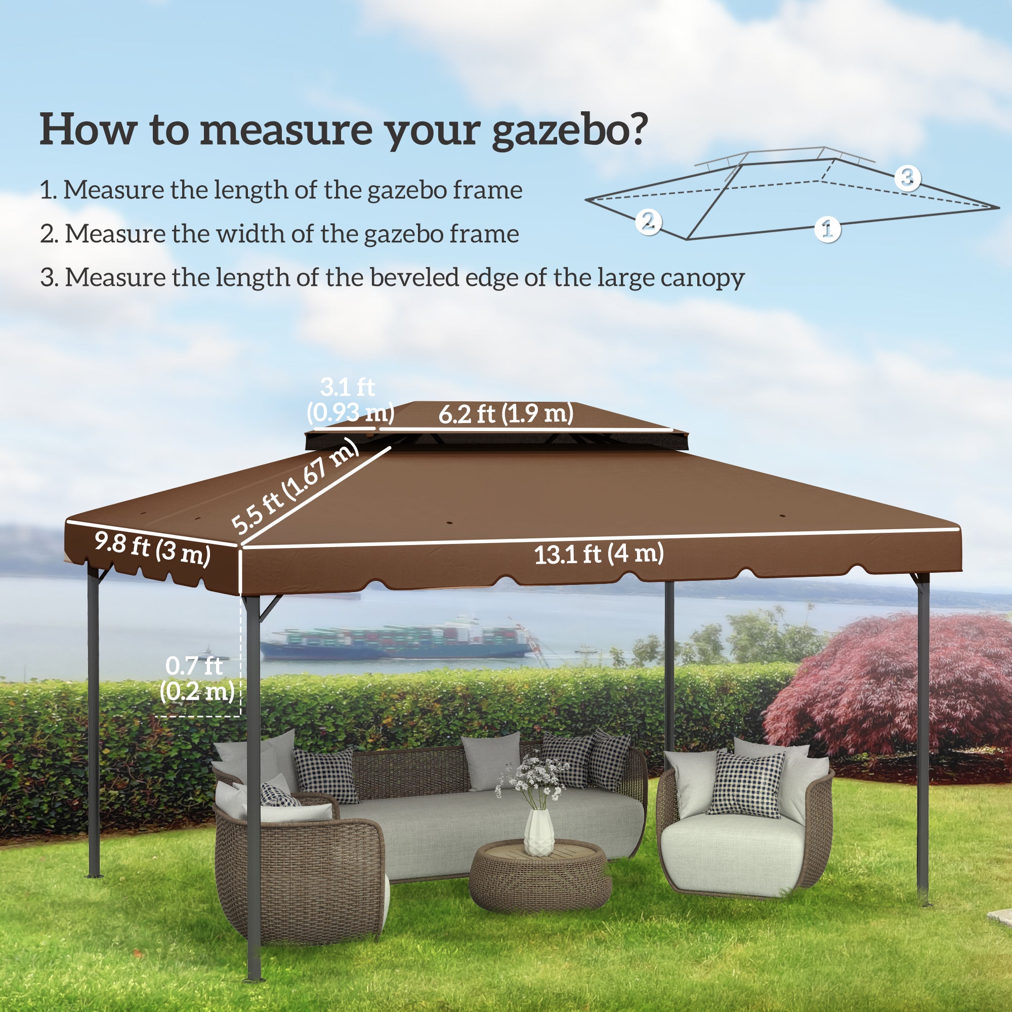 Outsunny 13.1' x 9.8' Gazebo Replacement Canopy, Gazebo Top Cover with Double Vented Roof for Garden Patio Outdoor TOP ONLY, Coffee