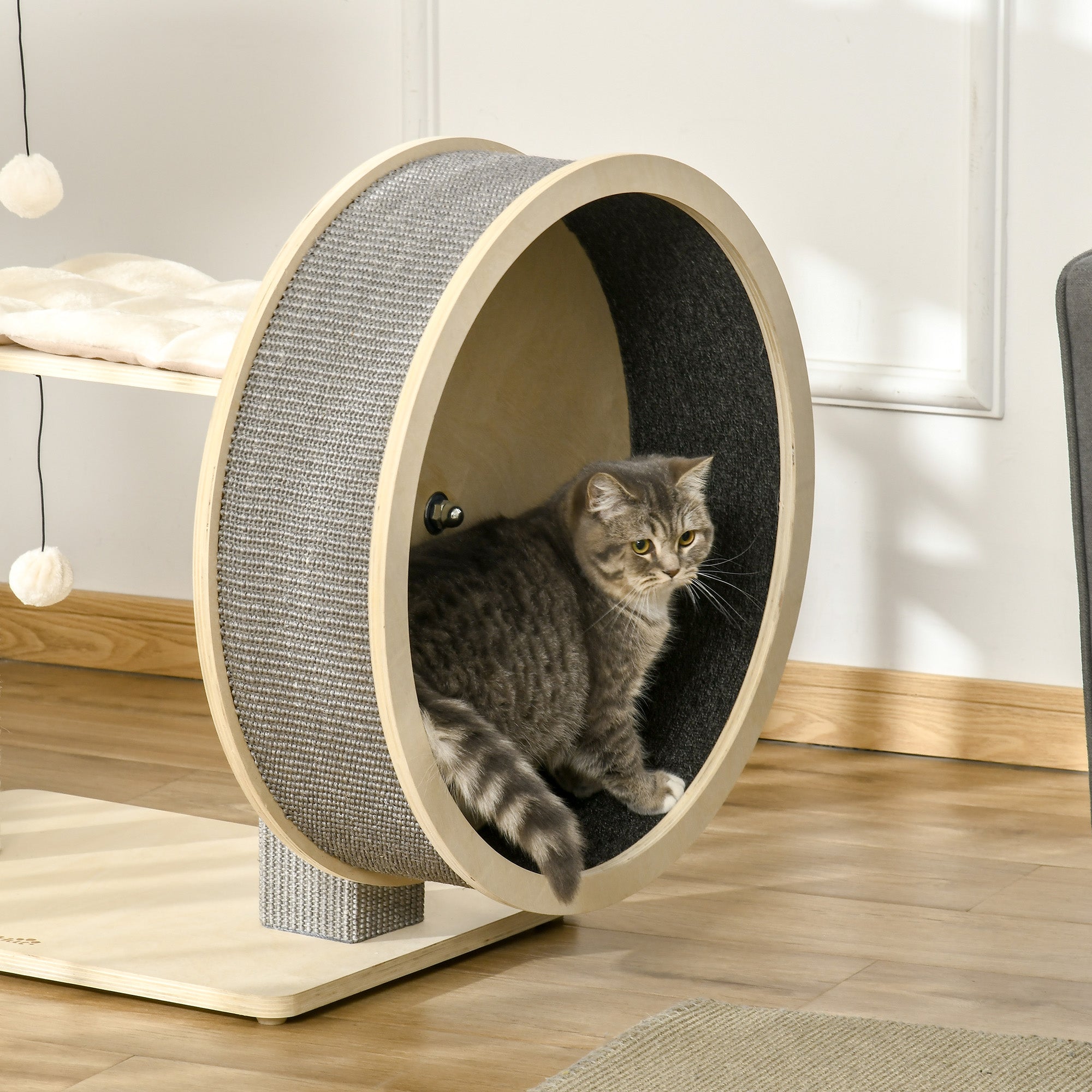 PawHut 35.8" Cat Tree Kitty Activity Center Cat Climbing Toy Pet Furniture with Running Wheel Cat Bed Cushions Sisal Scratching Post Hanging Ball Natural