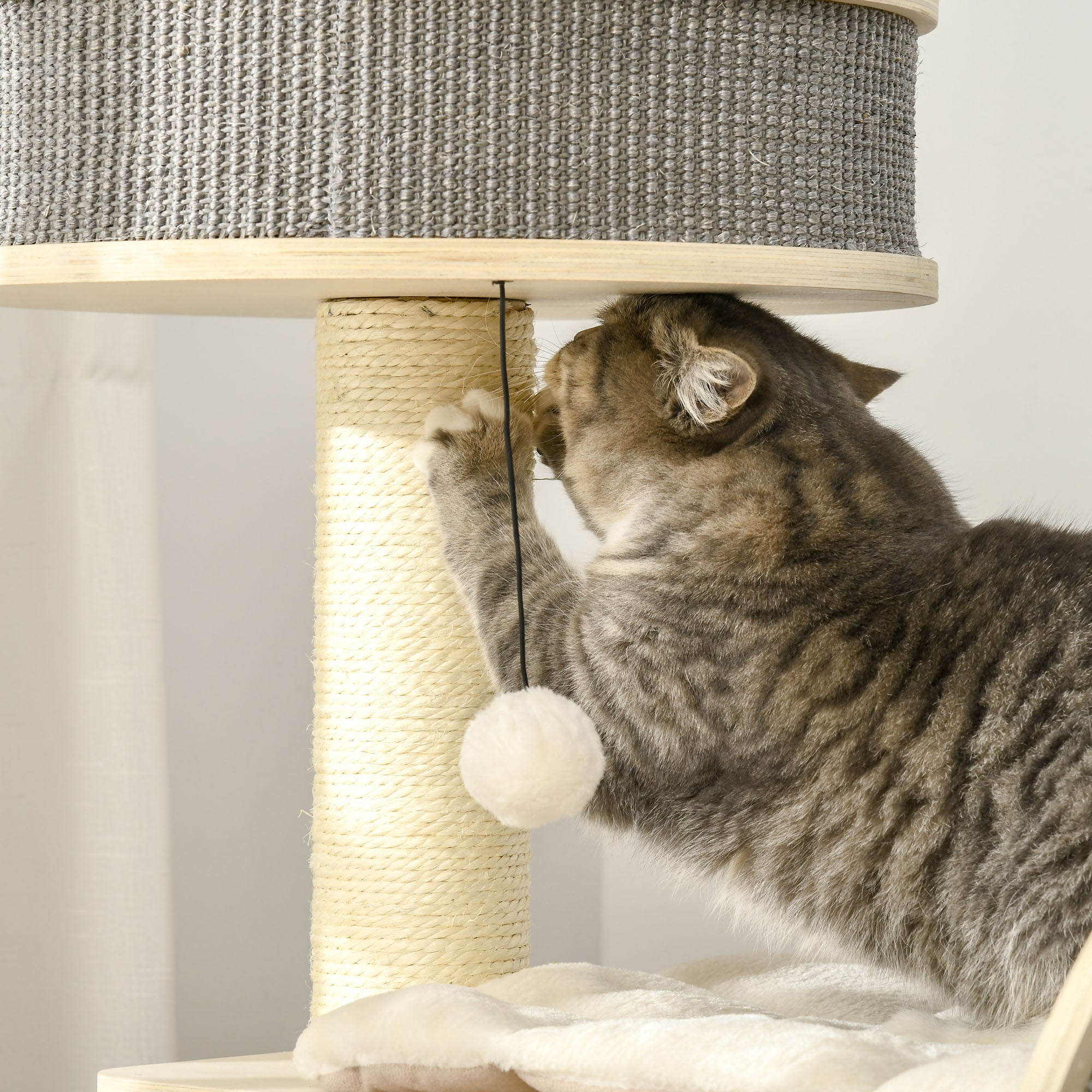 PawHut 35.8" Cat Tree Kitty Activity Center Cat Climbing Toy Pet Furniture with Running Wheel Cat Bed Cushions Sisal Scratching Post Hanging Ball Natural