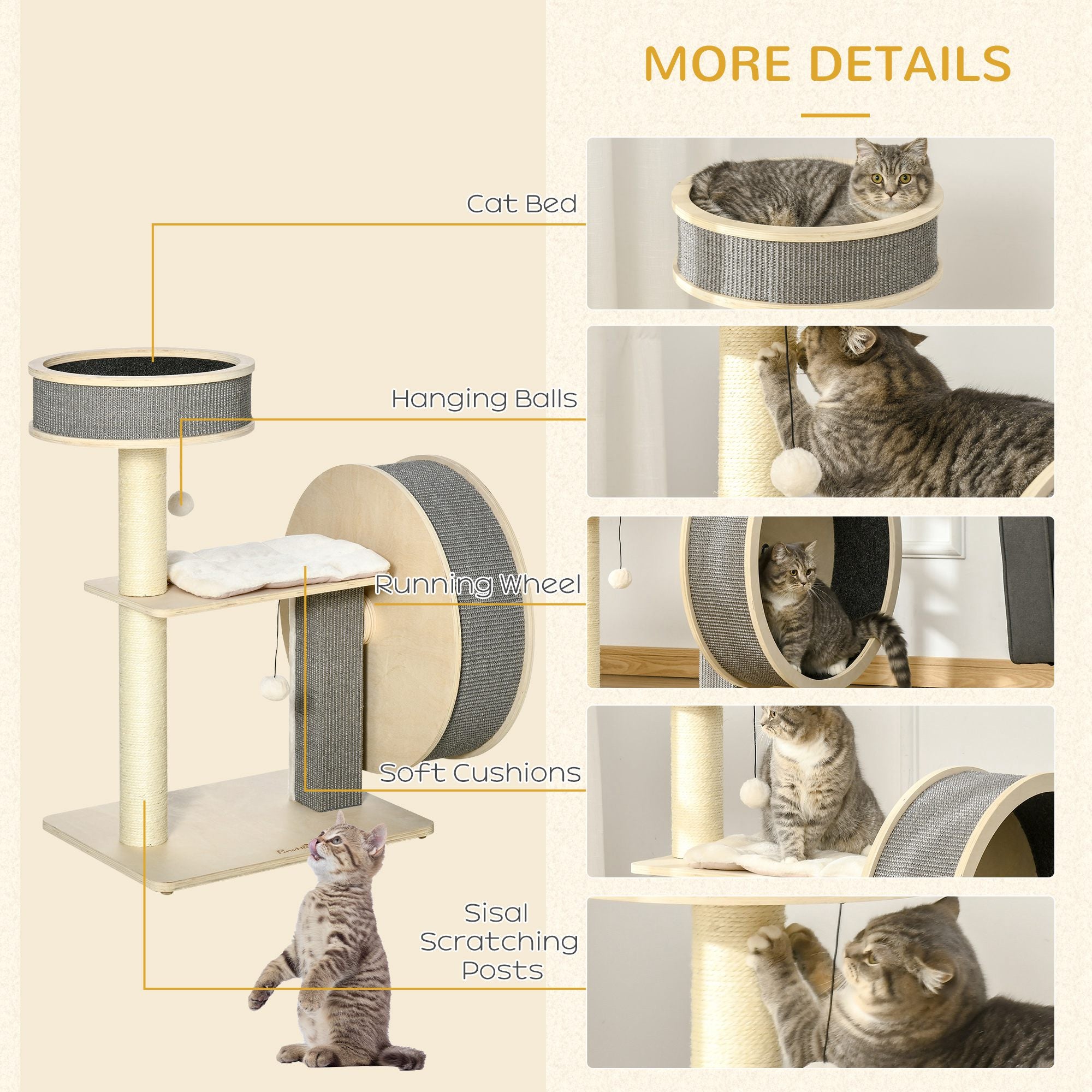 PawHut 35.8" Cat Tree Kitty Activity Center Cat Climbing Toy Pet Furniture with Running Wheel Cat Bed Cushions Sisal Scratching Post Hanging Ball Natural