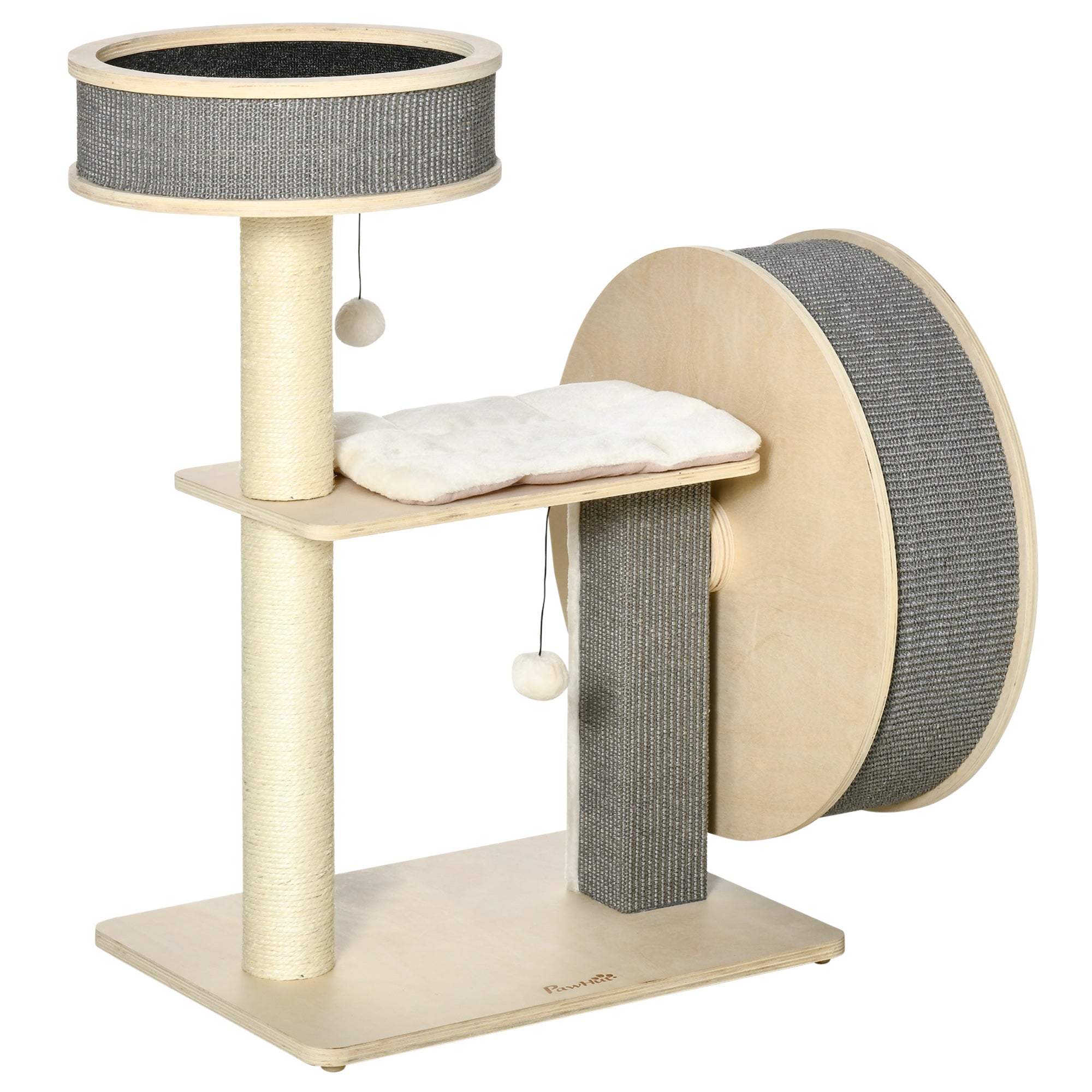 PawHut 35.8" Cat Tree Kitty Activity Center Cat Climbing Toy Pet Furniture with Running Wheel Cat Bed Cushions Sisal Scratching Post Hanging Ball Natural