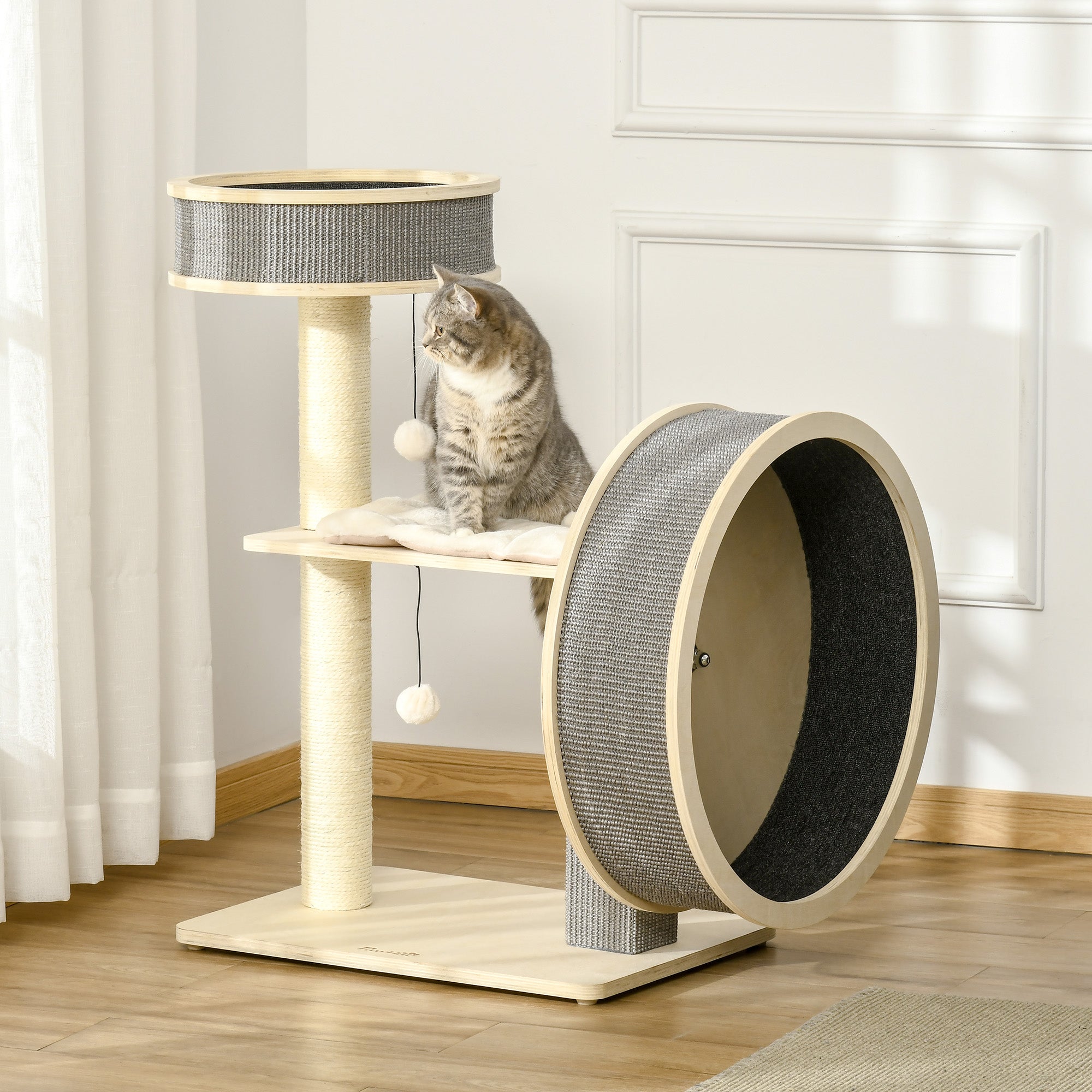 PawHut 35.8" Cat Tree Kitty Activity Center Cat Climbing Toy Pet Furniture with Running Wheel Cat Bed Cushions Sisal Scratching Post Hanging Ball Natural
