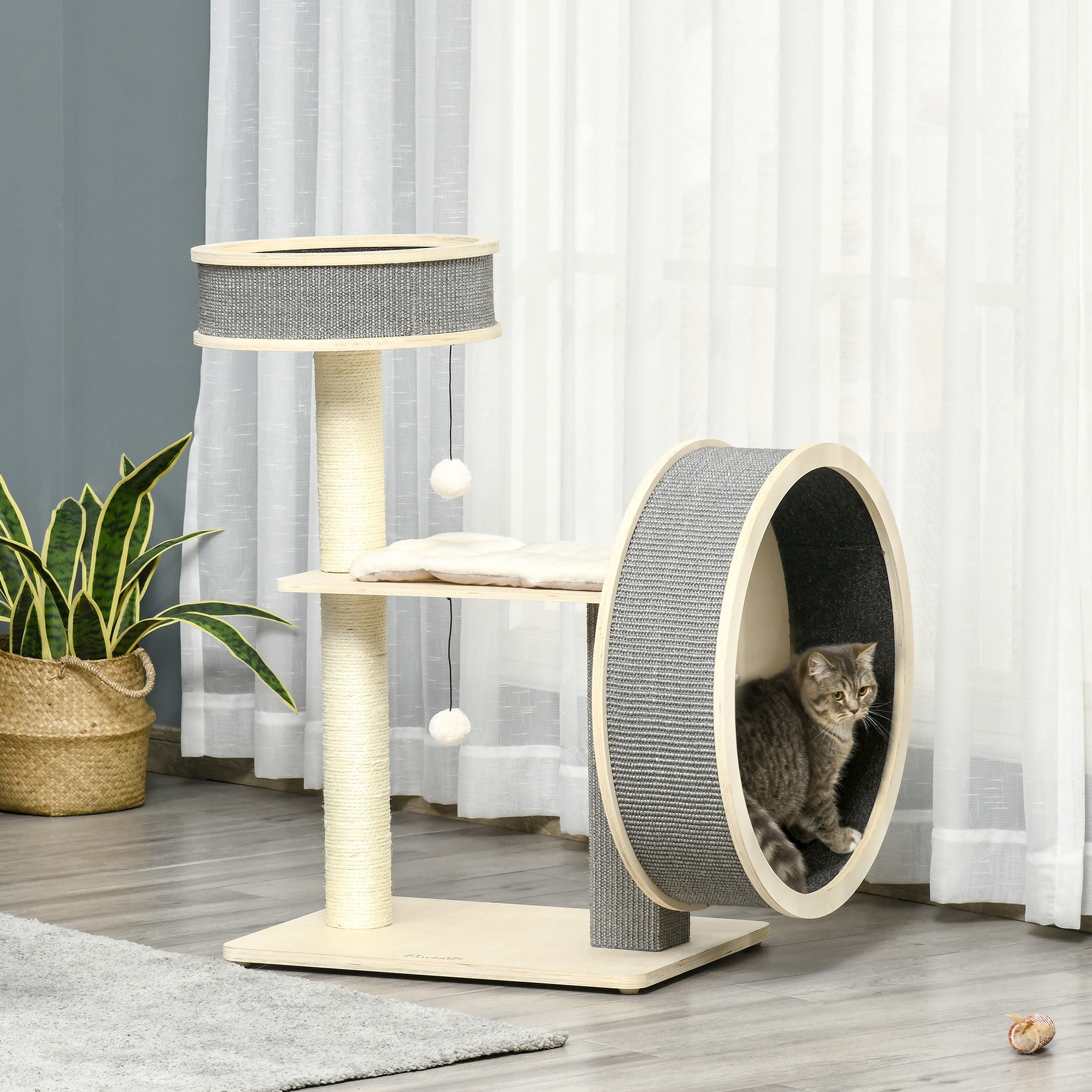 PawHut 35.8" Cat Tree Kitty Activity Center Cat Climbing Toy Pet Furniture with Running Wheel Cat Bed Cushions Sisal Scratching Post Hanging Ball Natural
