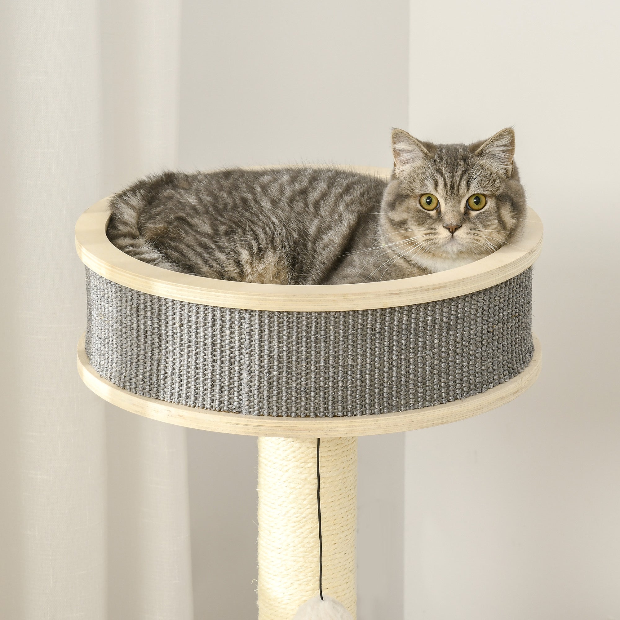 PawHut 35.8" Cat Tree Kitty Activity Center Cat Climbing Toy Pet Furniture with Running Wheel Cat Bed Cushions Sisal Scratching Post Hanging Ball Natural