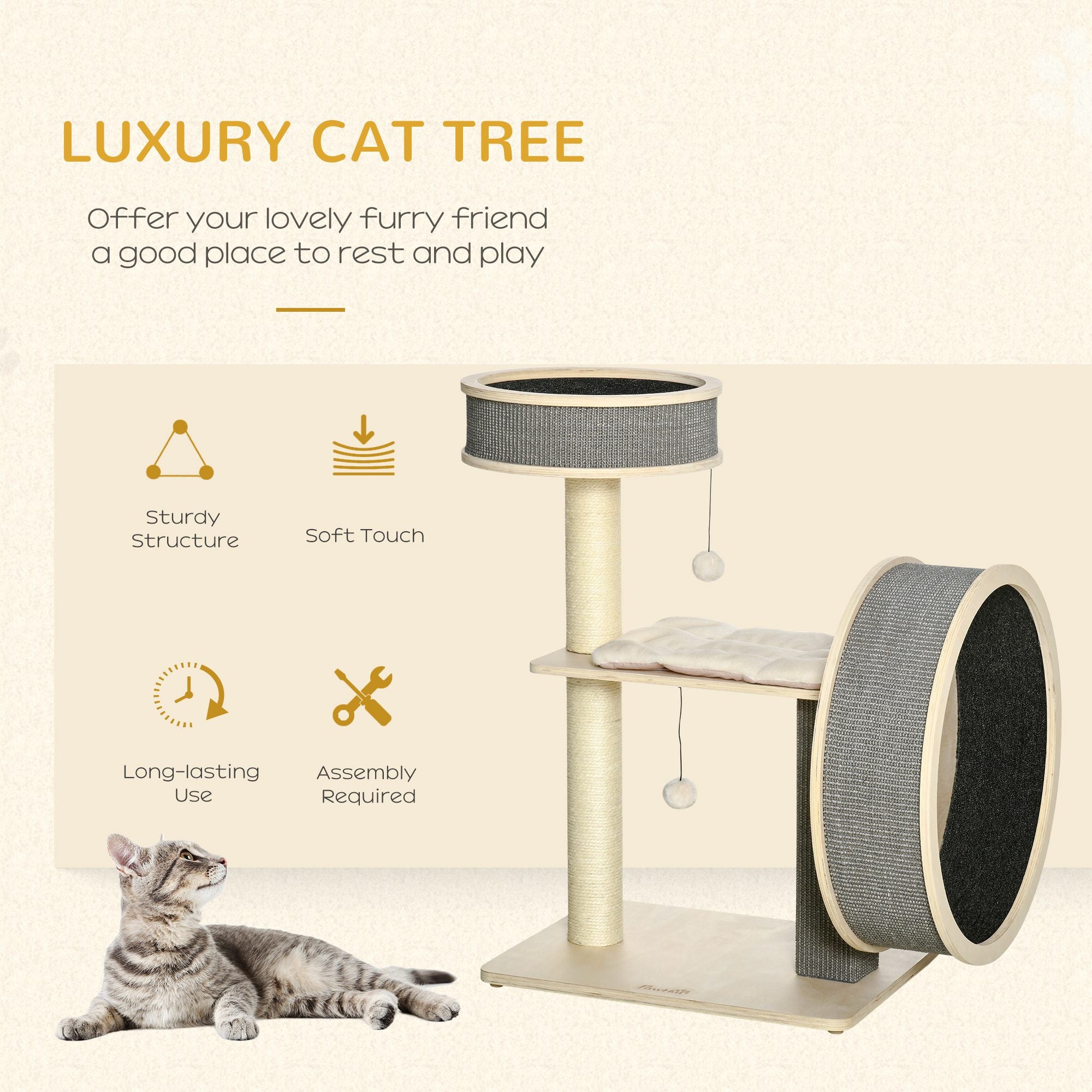 PawHut 35.8" Cat Tree Kitty Activity Center Cat Climbing Toy Pet Furniture with Running Wheel Cat Bed Cushions Sisal Scratching Post Hanging Ball Natural