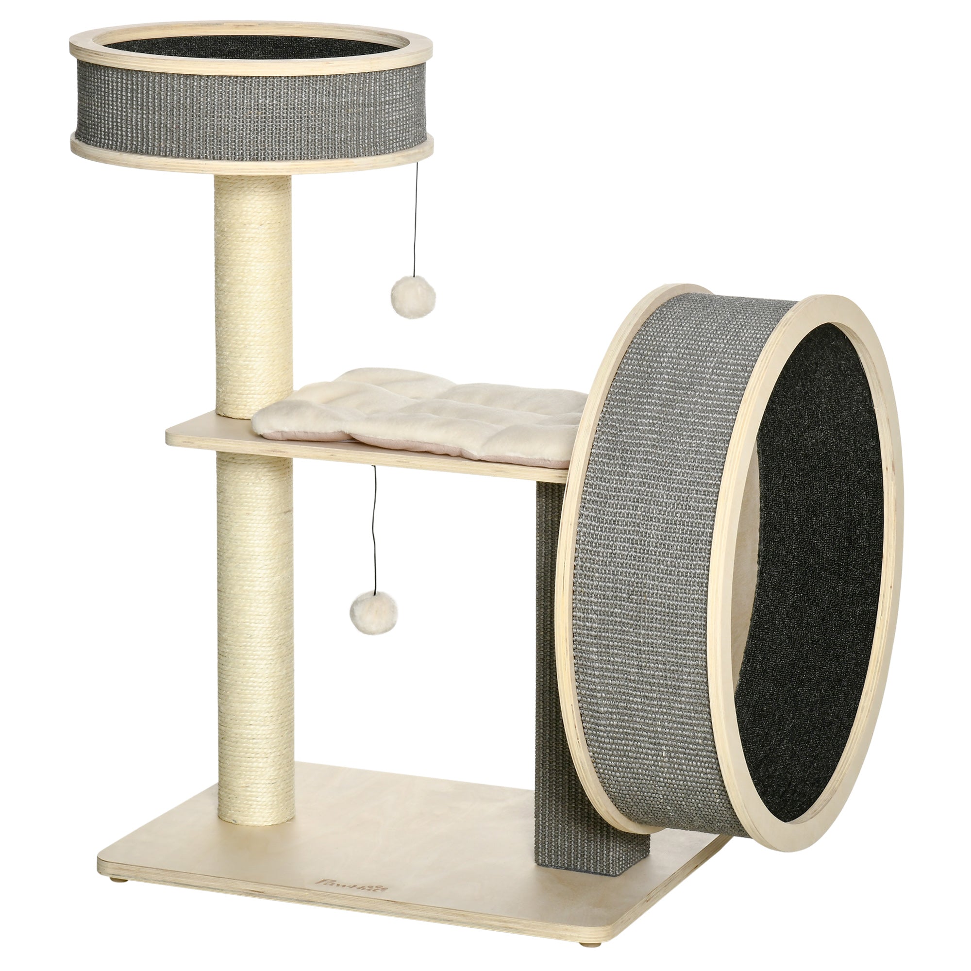PawHut 35.8" Cat Tree Kitty Activity Center Cat Climbing Toy Pet Furniture with Running Wheel Cat Bed Cushions Sisal Scratching Post Hanging Ball Natural