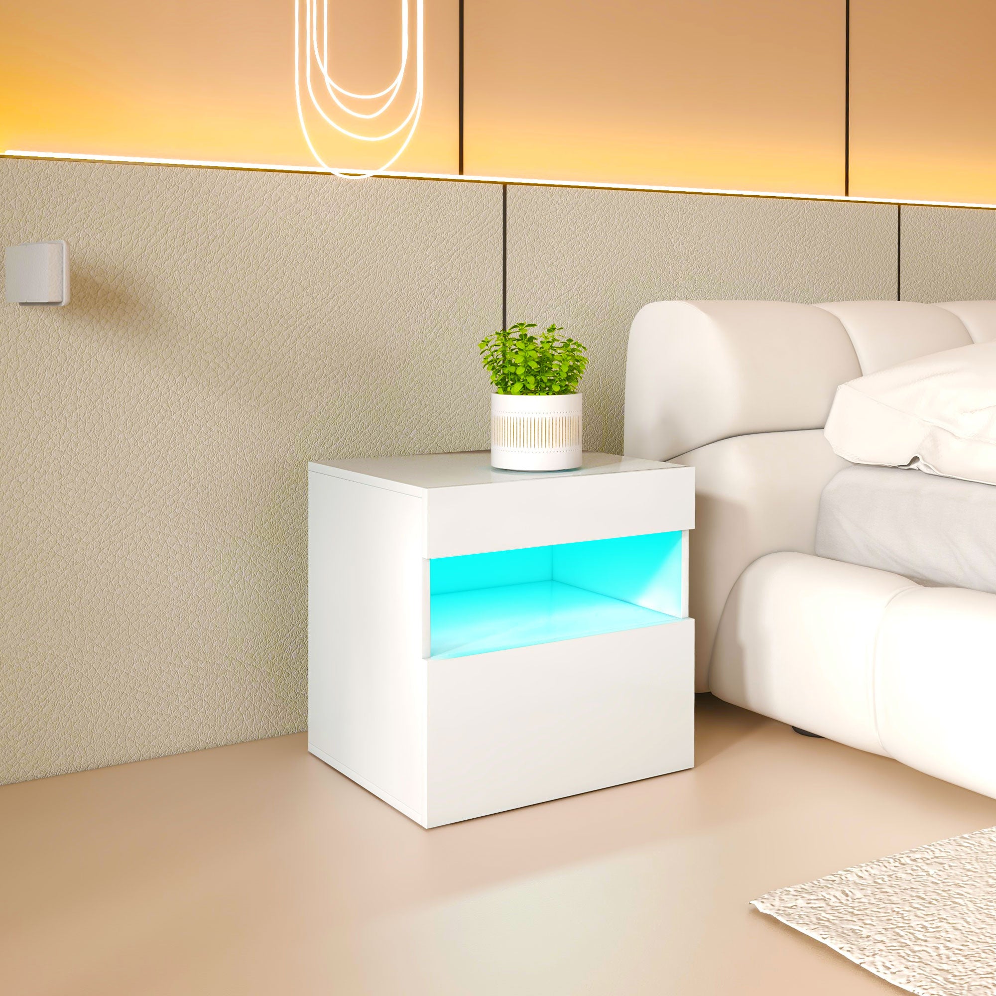 HOMCOM Nightstand with LED Lights, Bedside Table with Storage Drawer, Open Shelf and Remote, Side Table for Bedroom, White