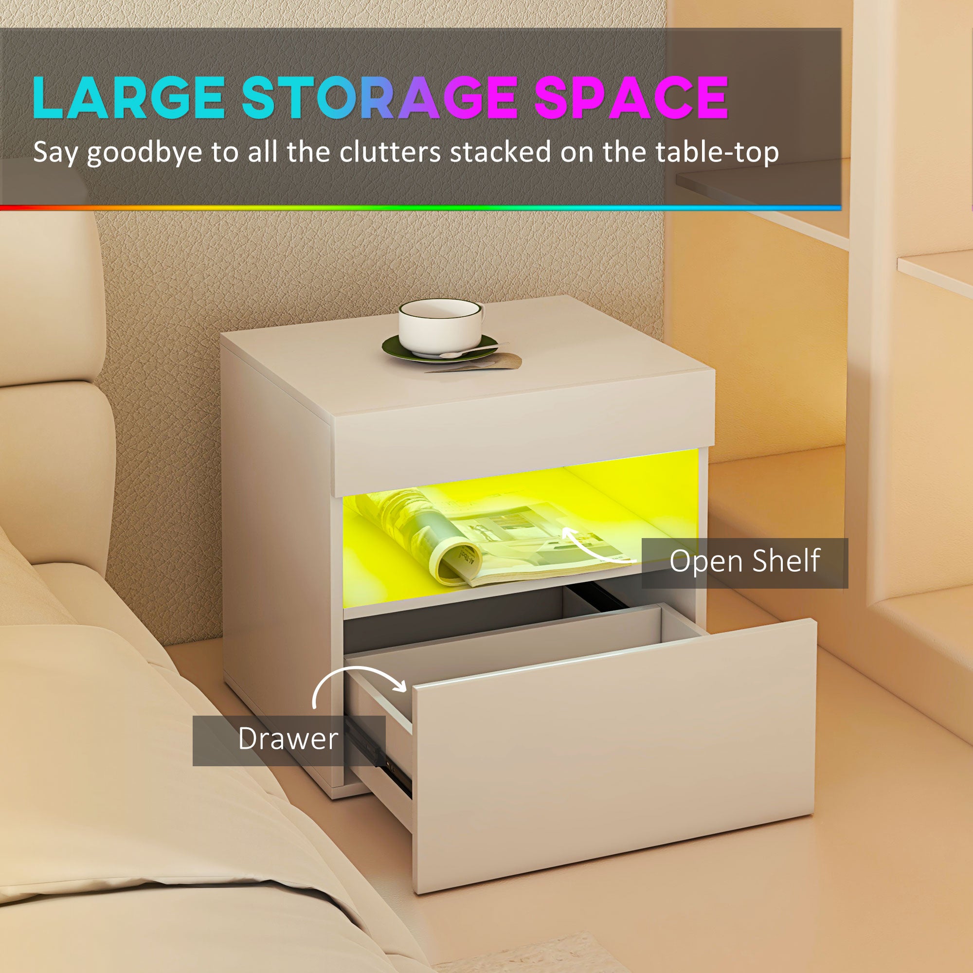 HOMCOM Nightstand with LED Lights, Bedside Table with Storage Drawer, Open Shelf and Remote, Side Table for Bedroom, White