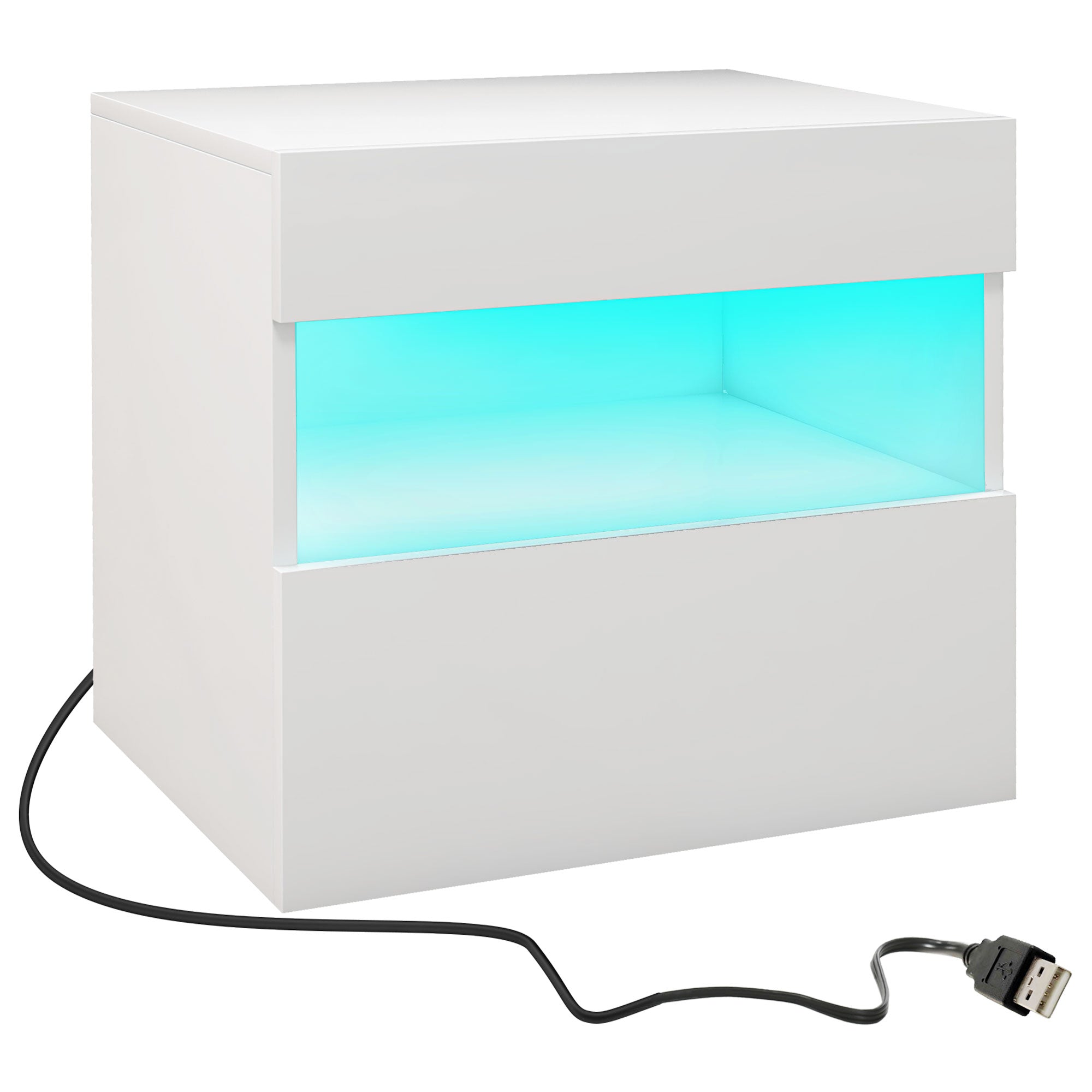 HOMCOM Nightstand with LED Lights, Bedside Table with Storage Drawer, Open Shelf and Remote, Side Table for Bedroom, White