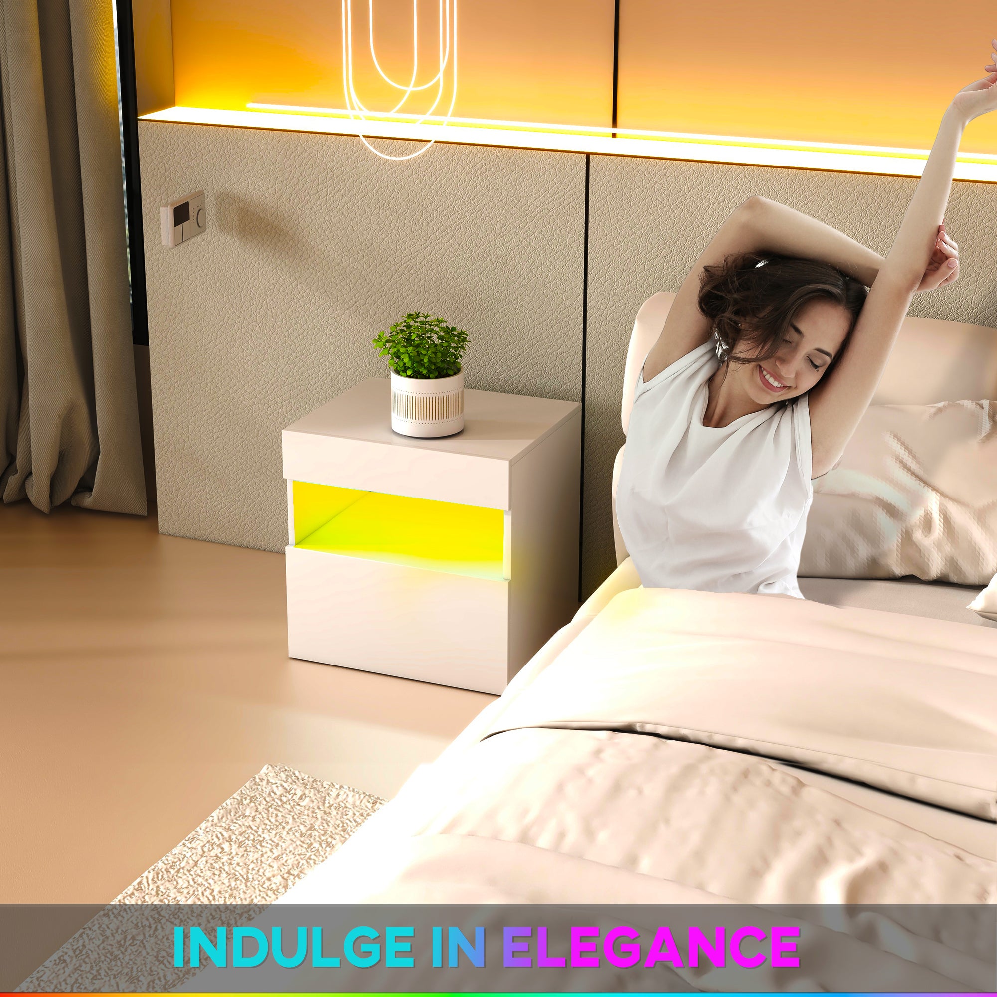 HOMCOM Nightstand with LED Lights, Bedside Table with Storage Drawer, Open Shelf and Remote, Side Table for Bedroom, White