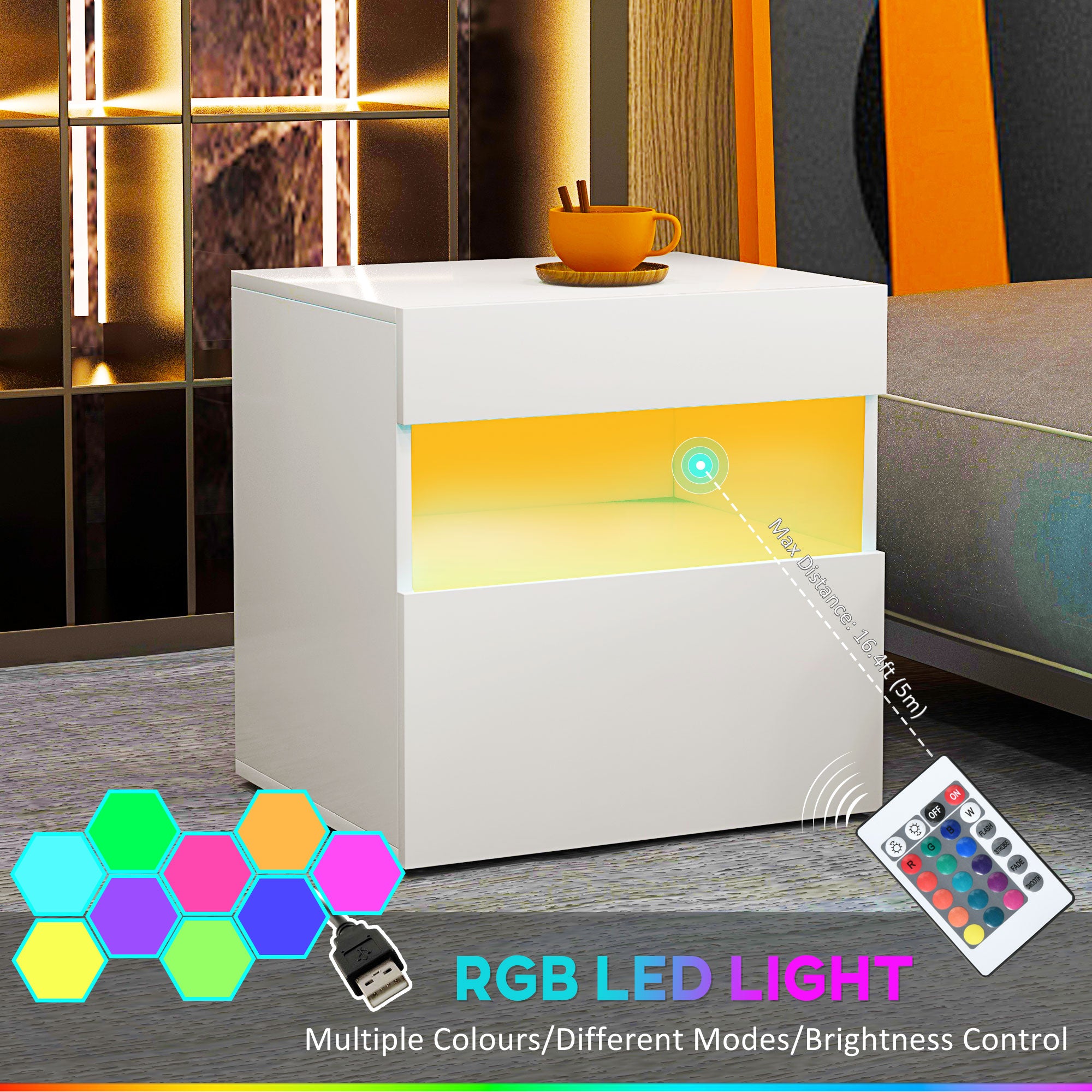 HOMCOM Nightstand with LED Lights, Bedside Table with Storage Drawer, Open Shelf and Remote, Side Table for Bedroom, White