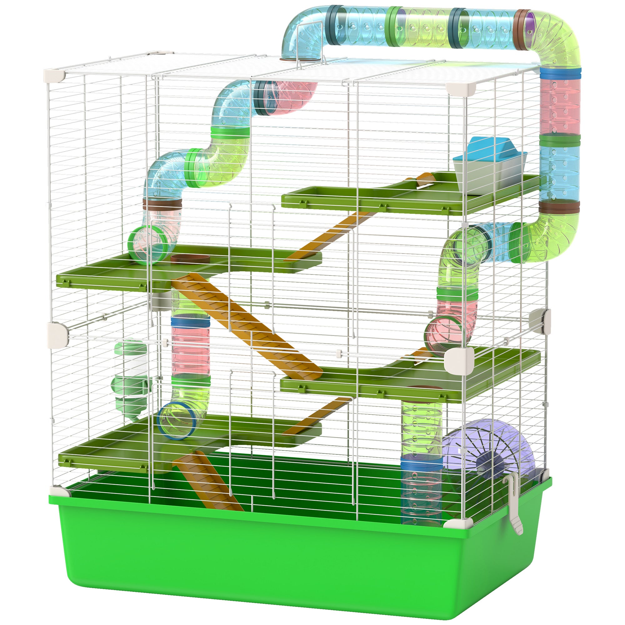 PawHut 5 Tier Hamster Cage, Gerbil Cage with Tube, Water Bottle, Exercise Wheel, Food Dish, 59L x 36W x 69H cm - Green
