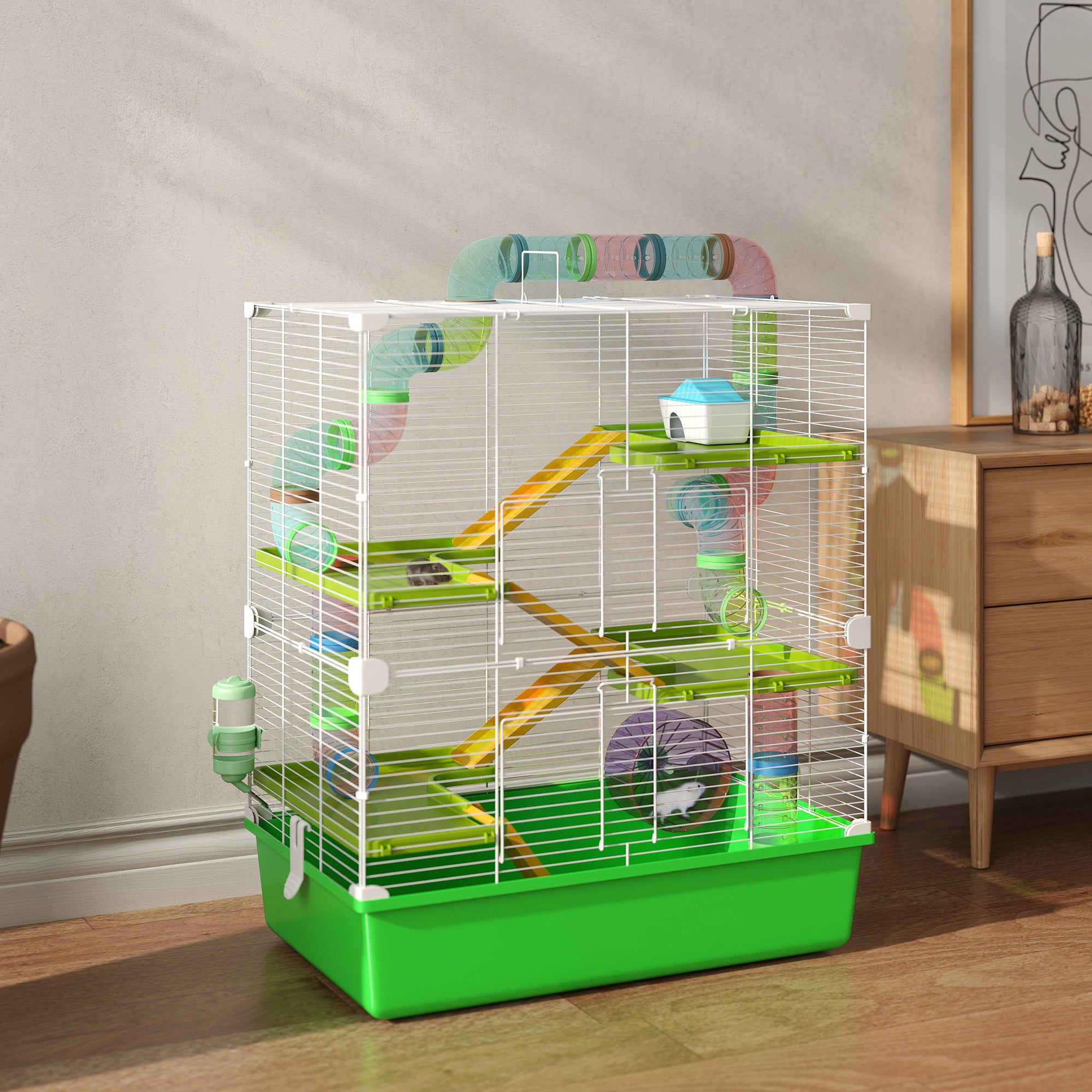 PawHut Extra Large 23" Hamster Cage with Tubes and Tunnels, Portable Carry Handles, Rat House and Habitats Big 5-Tier Design, Mouse Cage Includes Exercise Wheel, Water Bottle, Food Dish, Green