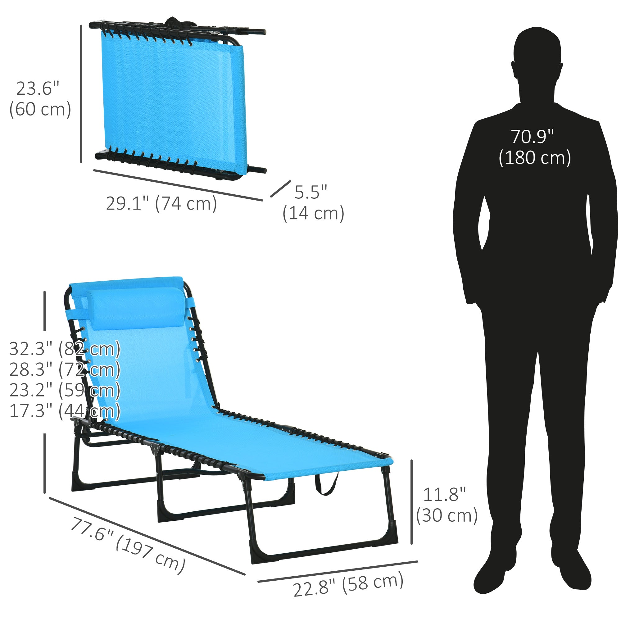 Outsunny Outdoor Folding Lounge Chair, 4-Level Adjustable Chaise Lounge with Headrest, Tanning Chair Beach Bed, Reclining Lounger Cot for Camping, Hiking, Backyard, Sky Blue