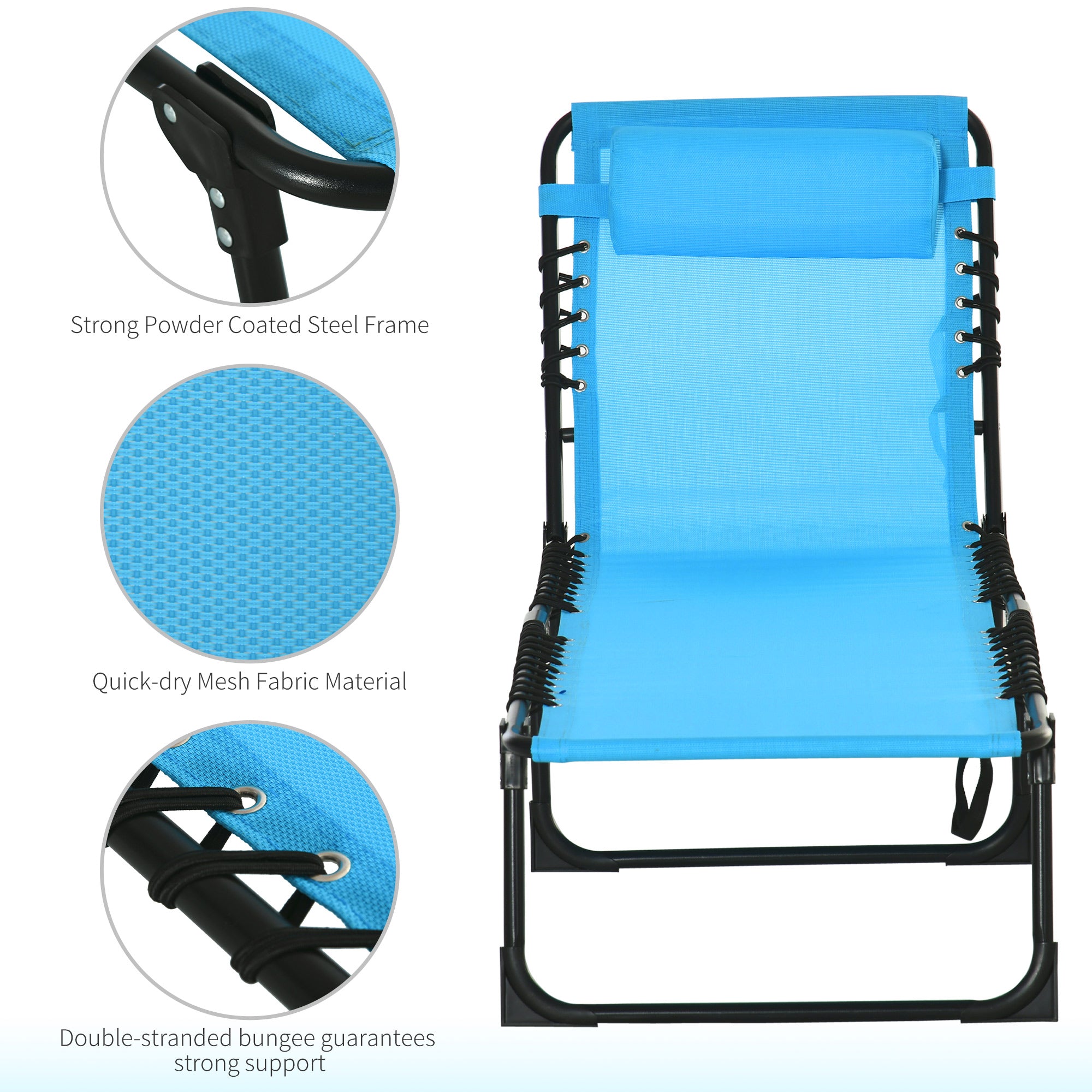 Outsunny Outdoor Folding Lounge Chair, 4-Level Adjustable Chaise Lounge with Headrest, Tanning Chair Beach Bed, Reclining Lounger Cot for Camping, Hiking, Backyard, Sky Blue