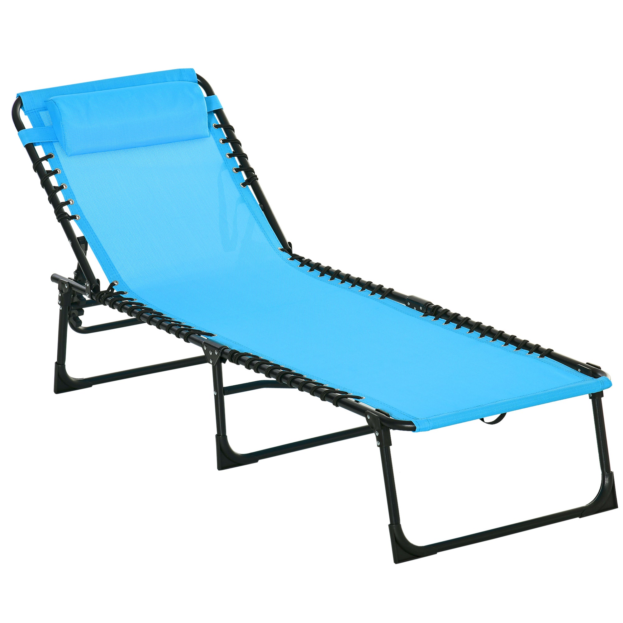 Outsunny Outdoor Folding Lounge Chair, 4-Level Adjustable Chaise Lounge with Headrest, Tanning Chair Beach Bed, Reclining Lounger Cot for Camping, Hiking, Backyard, Sky Blue