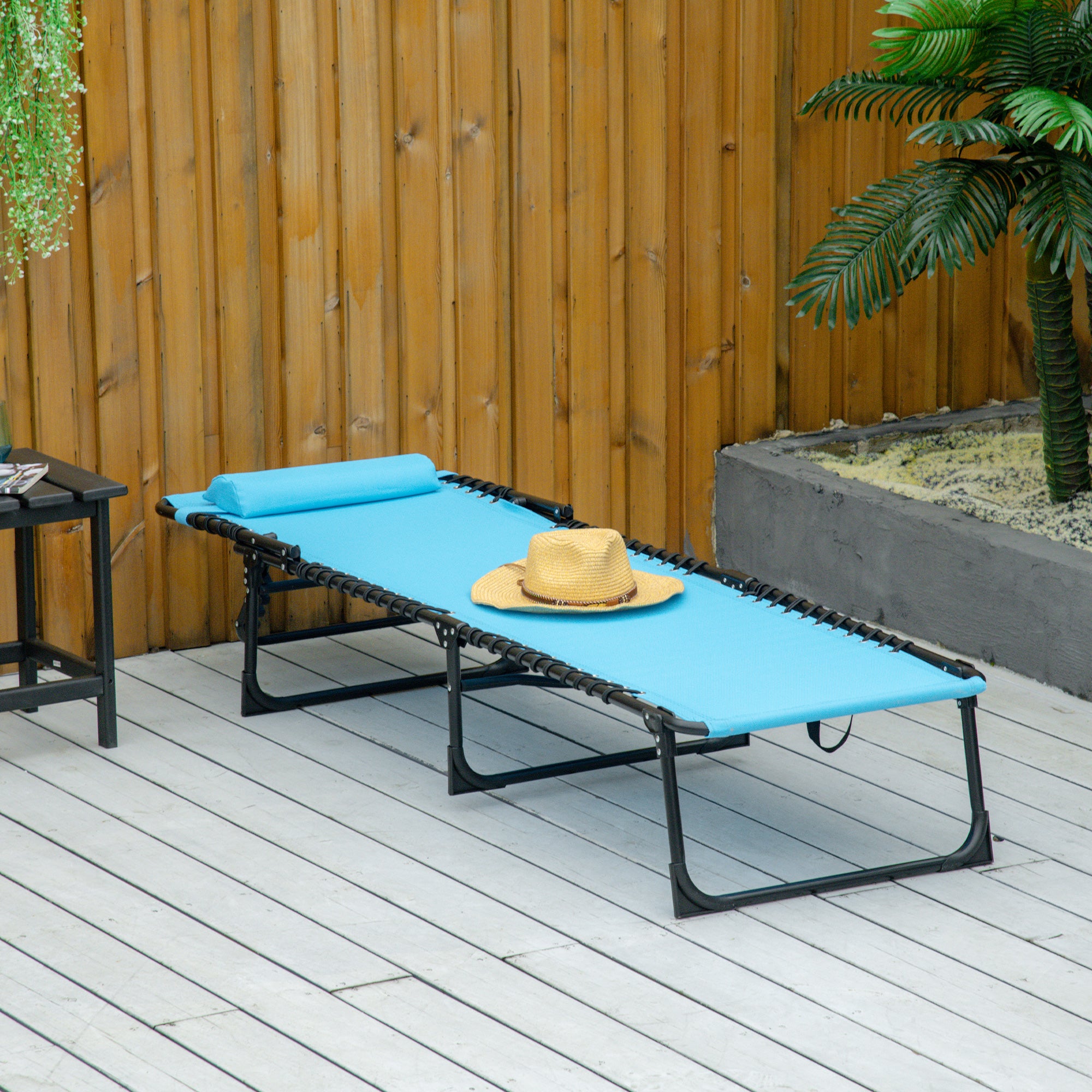 Outsunny Outdoor Folding Lounge Chair, 4-Level Adjustable Chaise Lounge with Headrest, Tanning Chair Beach Bed, Reclining Lounger Cot for Camping, Hiking, Backyard, Sky Blue