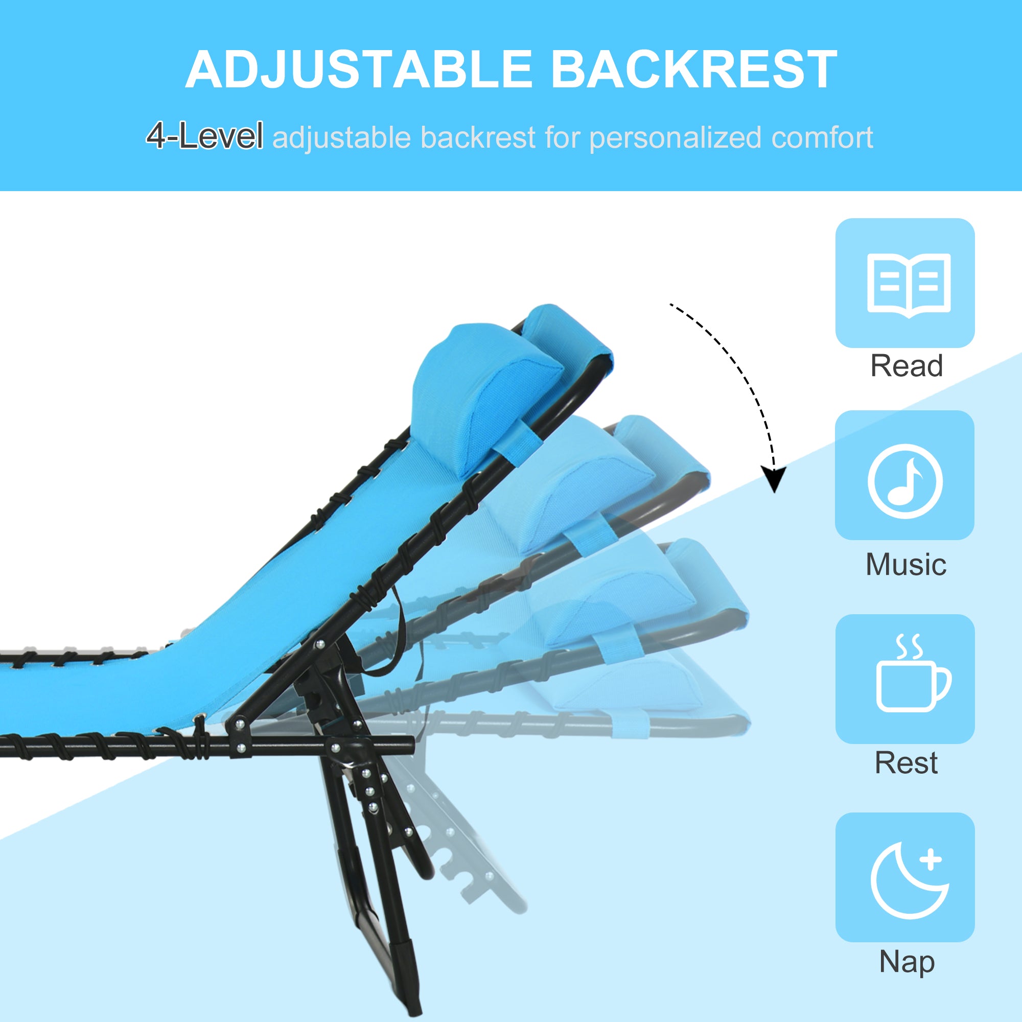 Outsunny Outdoor Folding Lounge Chair, 4-Level Adjustable Chaise Lounge with Headrest, Tanning Chair Beach Bed, Reclining Lounger Cot for Camping, Hiking, Backyard, Sky Blue