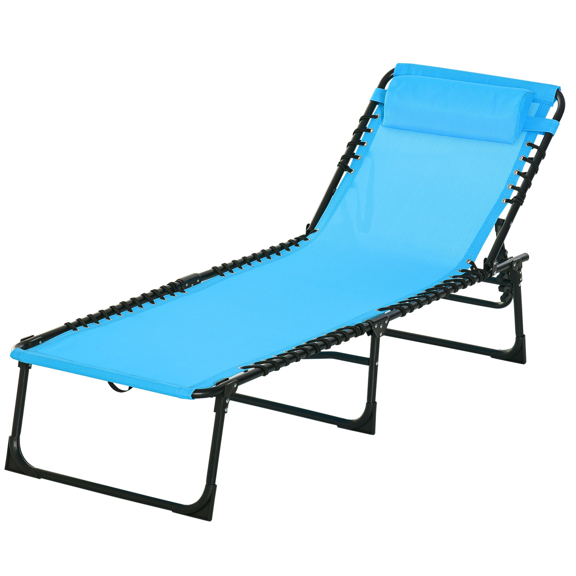 Outsunny Outdoor Folding Lounge Chair, 4-Level Adjustable Chaise Lounge with Headrest, Tanning Chair Beach Bed, Reclining Lounger Cot for Camping, Hiking, Backyard, Sky Blue