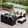 Outsunny 11 Pieces Wicker Patio Dining Set, Space-saving Outdoor Furniture Set with Removable Cushions, Glass Top Dining Table, 6 Armchairs, 4 Ottomans, PE Rattan Conversation Set