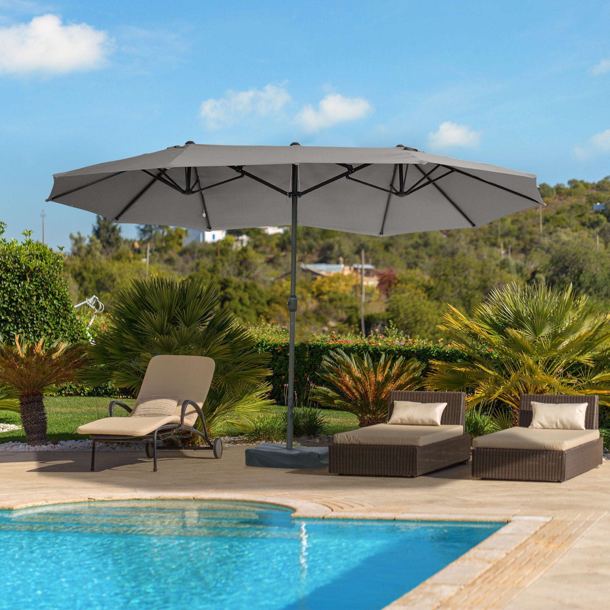 Outsunny 15' Outdoor Patio Umbrella with Twin Canopy Sunshade Steel Table Umbrella with Lift Crank, Cross base, Sandbag, Dark Grey