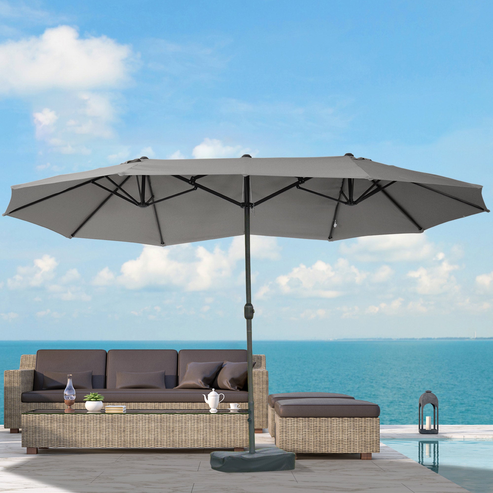 Outsunny 15' Outdoor Patio Umbrella with Twin Canopy Sunshade Steel Table Umbrella with Lift Crank, Cross base, Sandbag, Dark Grey