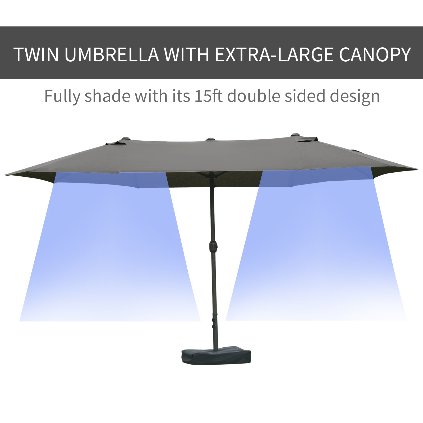 Outsunny 15' Outdoor Patio Umbrella with Twin Canopy Sunshade Steel Table Umbrella with Lift Crank, Cross base, Sandbag, Dark Grey