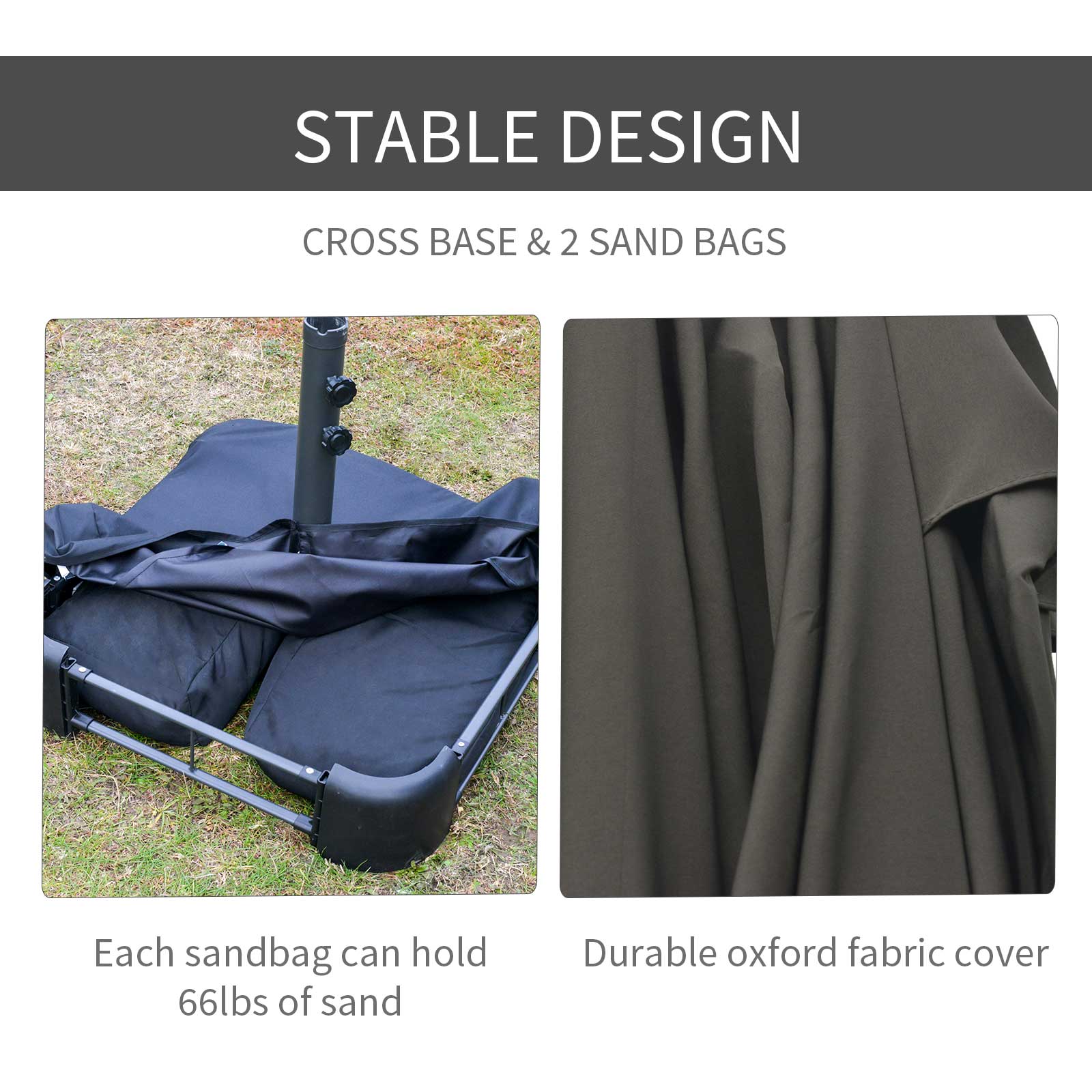 Outsunny 15' Outdoor Patio Umbrella with Twin Canopy Sunshade Steel Table Umbrella with Lift Crank, Cross base, Sandbag, Dark Grey