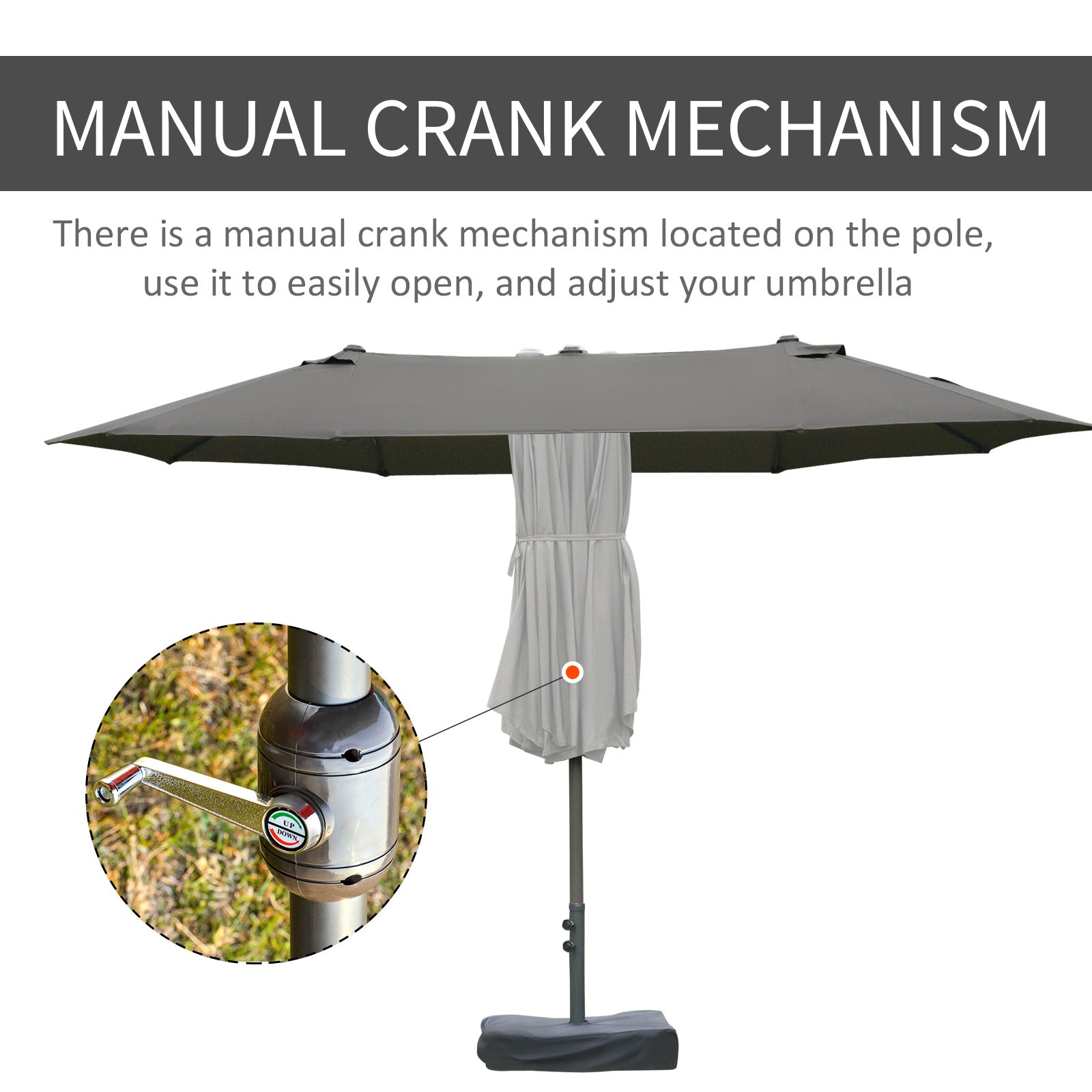 Outsunny 15' Outdoor Patio Umbrella with Twin Canopy Sunshade Steel Table Umbrella with Lift Crank, Cross base, Sandbag, Dark Grey