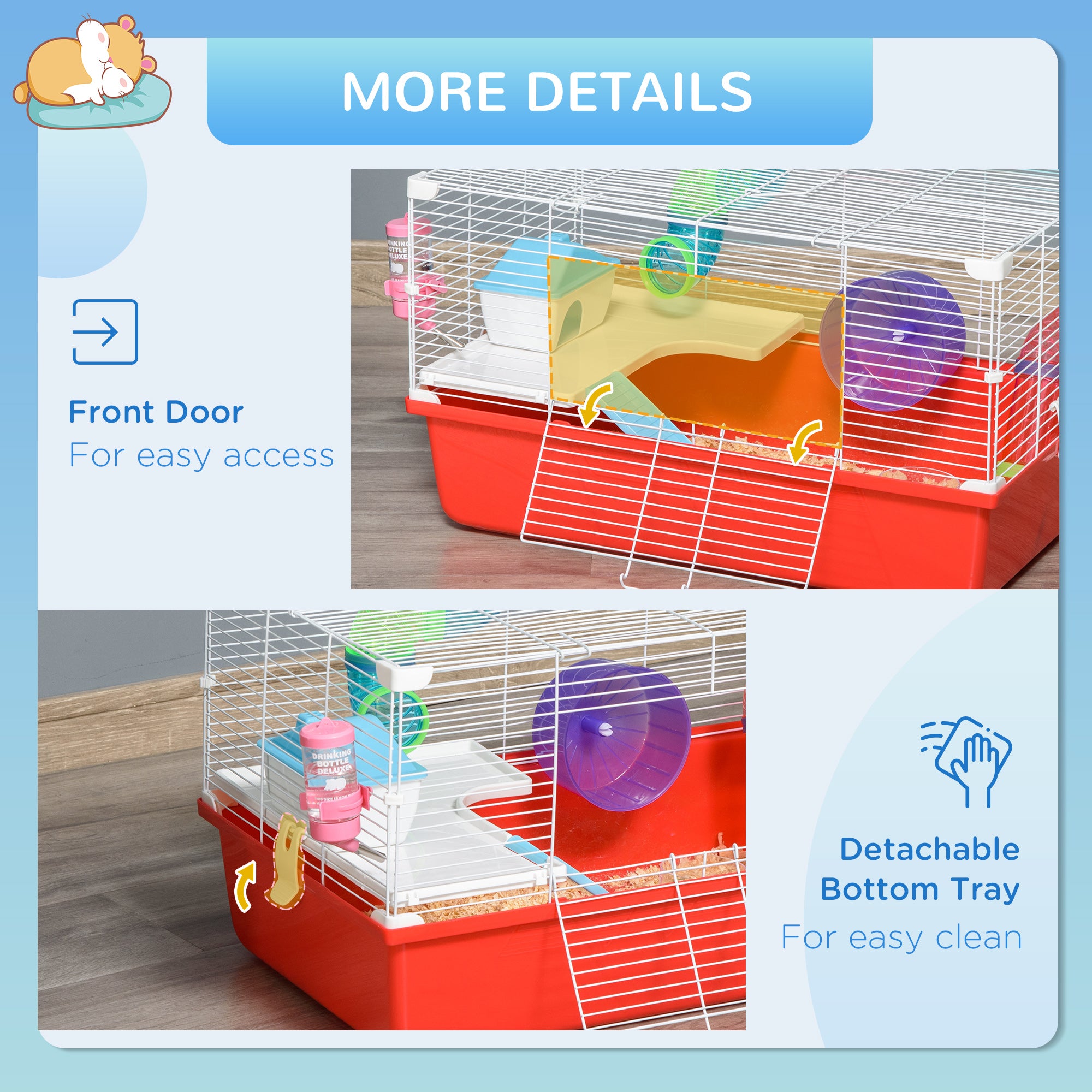 PawHut Large Hamster Cage with Tubes and Tunnels, 2-Level Steel Rat Cage, Small Animal House, Includes Exercise Wheel, Hut, Water Bottle, Food Dish, 23" x 14" x 14", Red