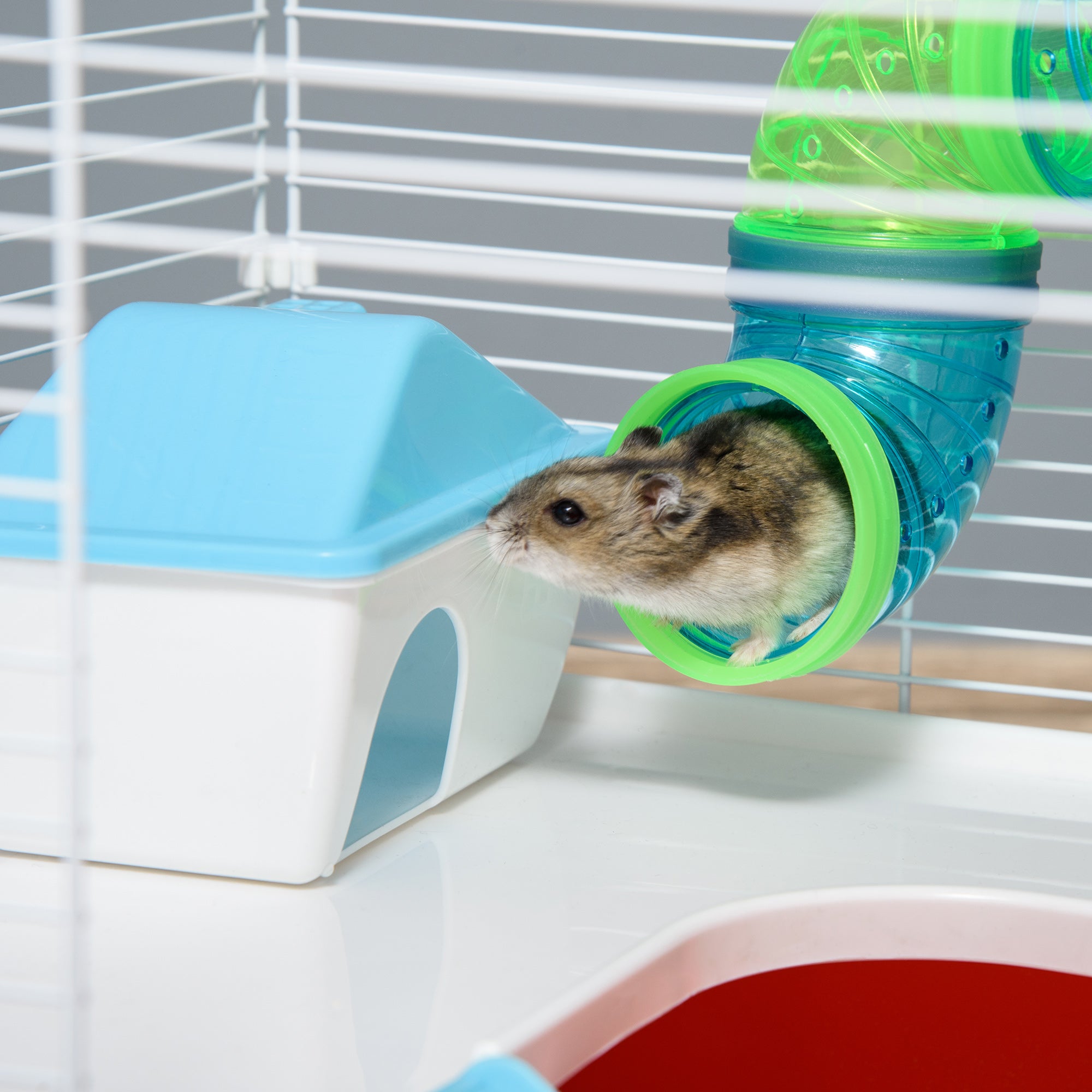 PawHut Large Hamster Cage with Tubes and Tunnels, 2-Level Steel Rat Cage, Small Animal House, Includes Exercise Wheel, Hut, Water Bottle, Food Dish, 23" x 14" x 14", Red