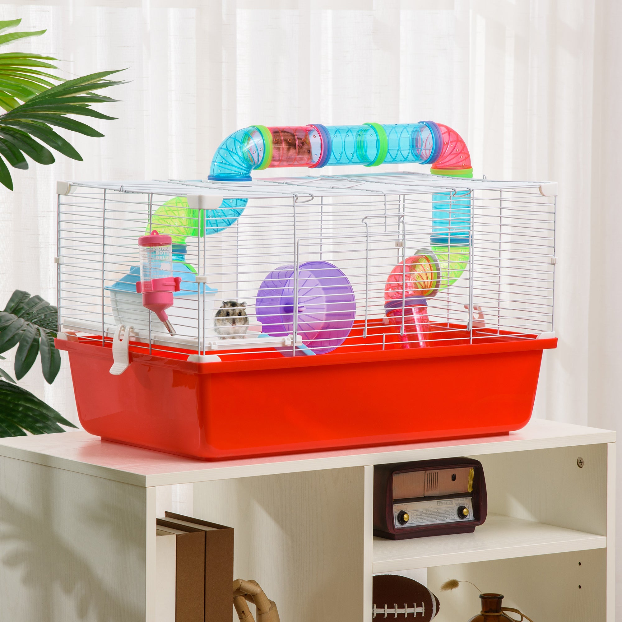 PawHut Large Hamster Cage with Tubes and Tunnels, 2-Level Steel Rat Cage, Small Animal House, Includes Exercise Wheel, Hut, Water Bottle, Food Dish, 23" x 14" x 14", Red