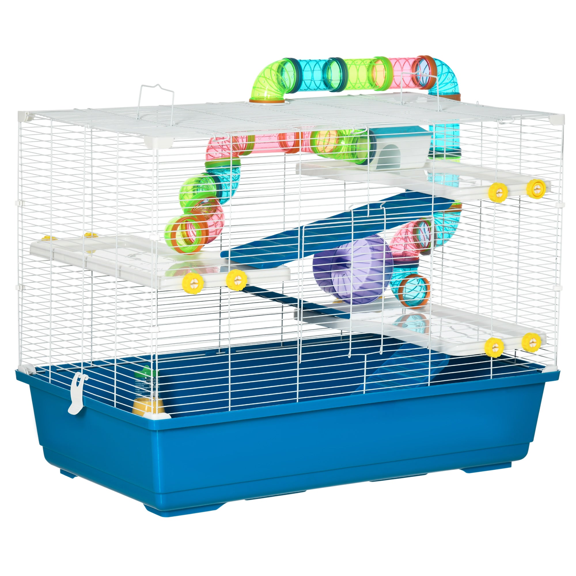 PawHut Large Hamster Cage with Tubes, Multilevel Rodent House with Exercise Wheel, Gerbil Cage with Water Bottle, Food Dish, Ramps 79 cm x 46 cm x 60 cm- Blue