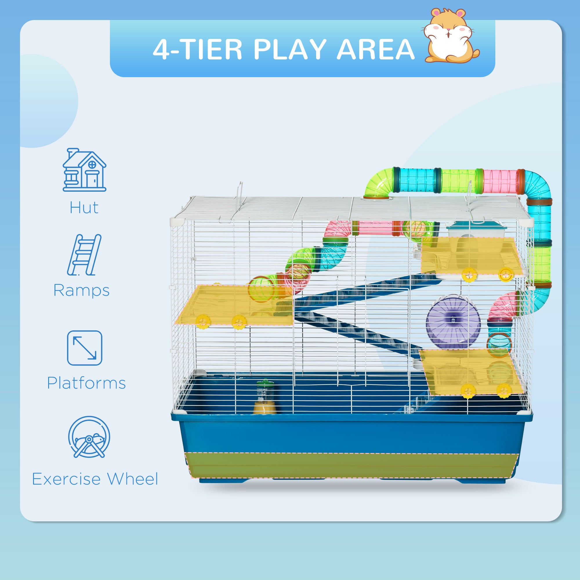 PawHut 31" Large Hamster Cage, Small Animal House, Multi-storey Gerbil Haven, Tunnel Tube System, with Water Bottle, Exercise Wheel, Food Dish, Ramps, Blue