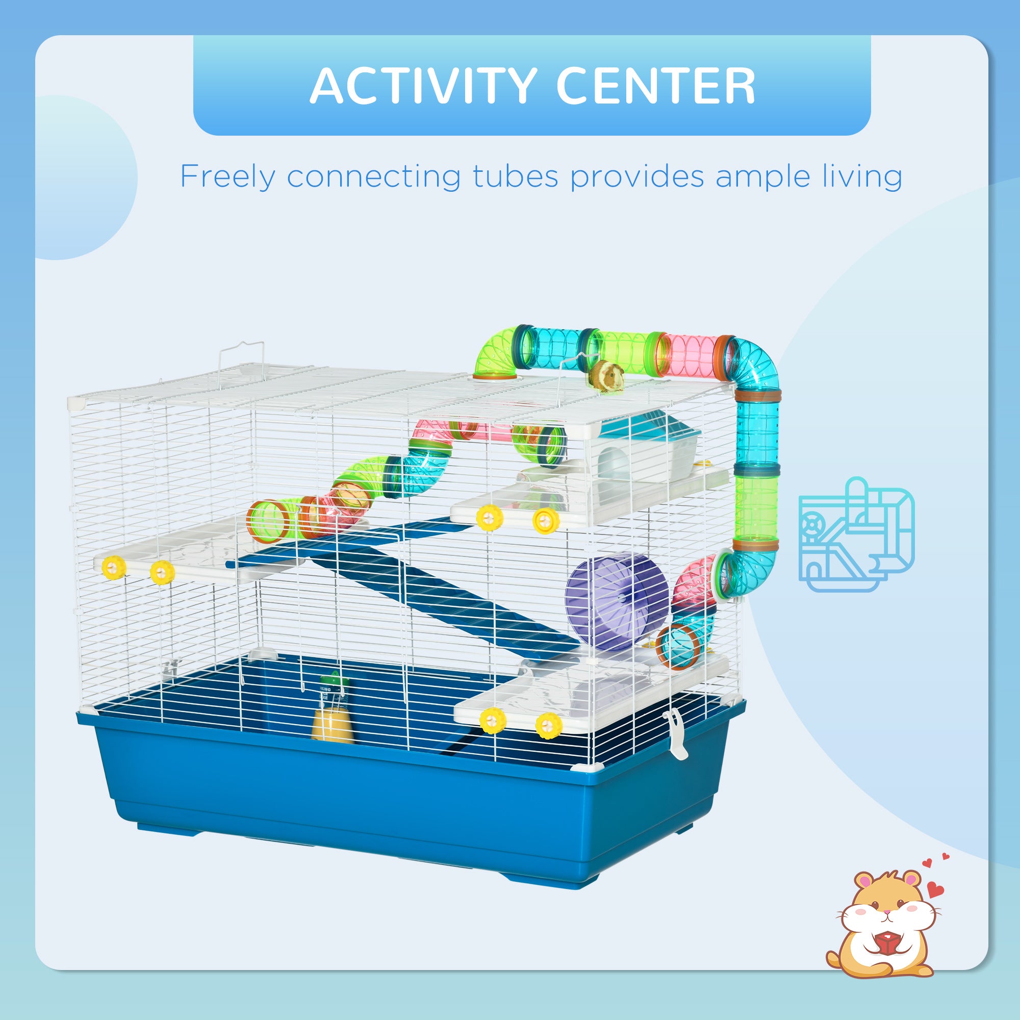 PawHut 31" Large Hamster Cage, Small Animal House, Multi-storey Gerbil Haven, Tunnel Tube System, with Water Bottle, Exercise Wheel, Food Dish, Ramps, Blue