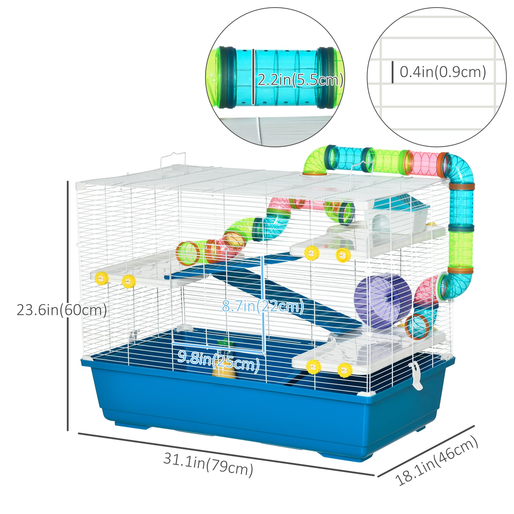 PawHut 31" Large Hamster Cage, Small Animal House, Multi-storey Gerbil Haven, Tunnel Tube System, with Water Bottle, Exercise Wheel, Food Dish, Ramps, Blue