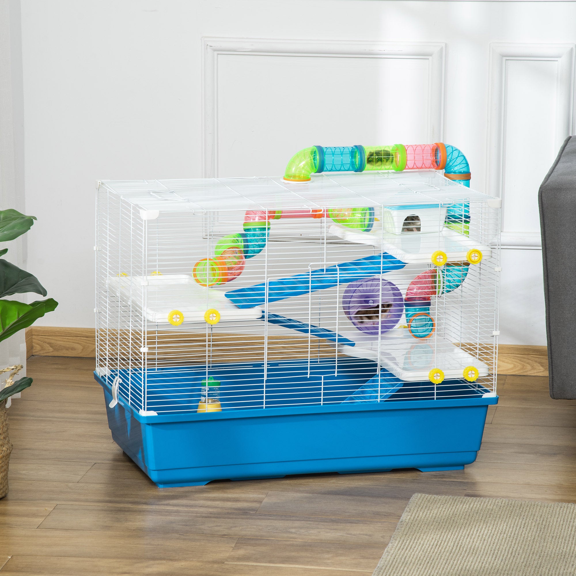 PawHut Large Hamster Cage with Tubes, Multilevel Rodent House with Exercise Wheel, Gerbil Cage with Water Bottle, Food Dish, Ramps 79 cm x 46 cm x 60 cm- Blue