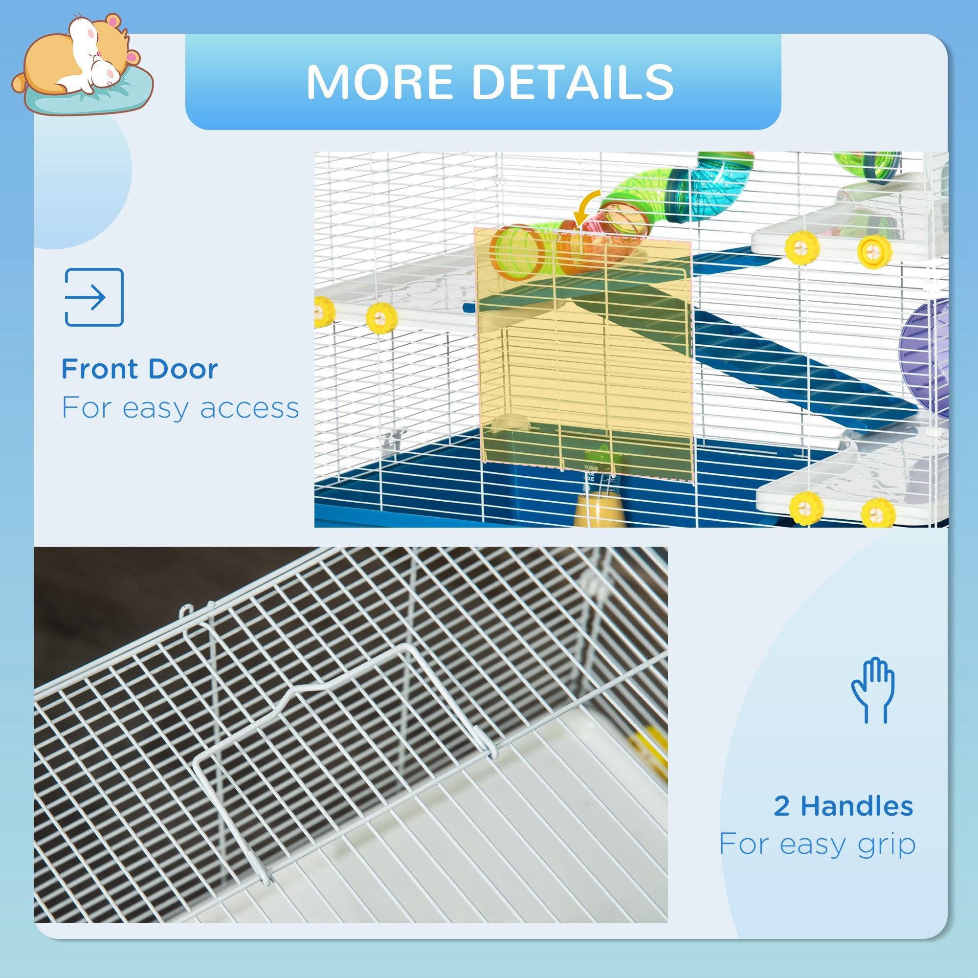 PawHut 31" Large Hamster Cage, Small Animal House, Multi-storey Gerbil Haven, Tunnel Tube System, with Water Bottle, Exercise Wheel, Food Dish, Ramps, Blue