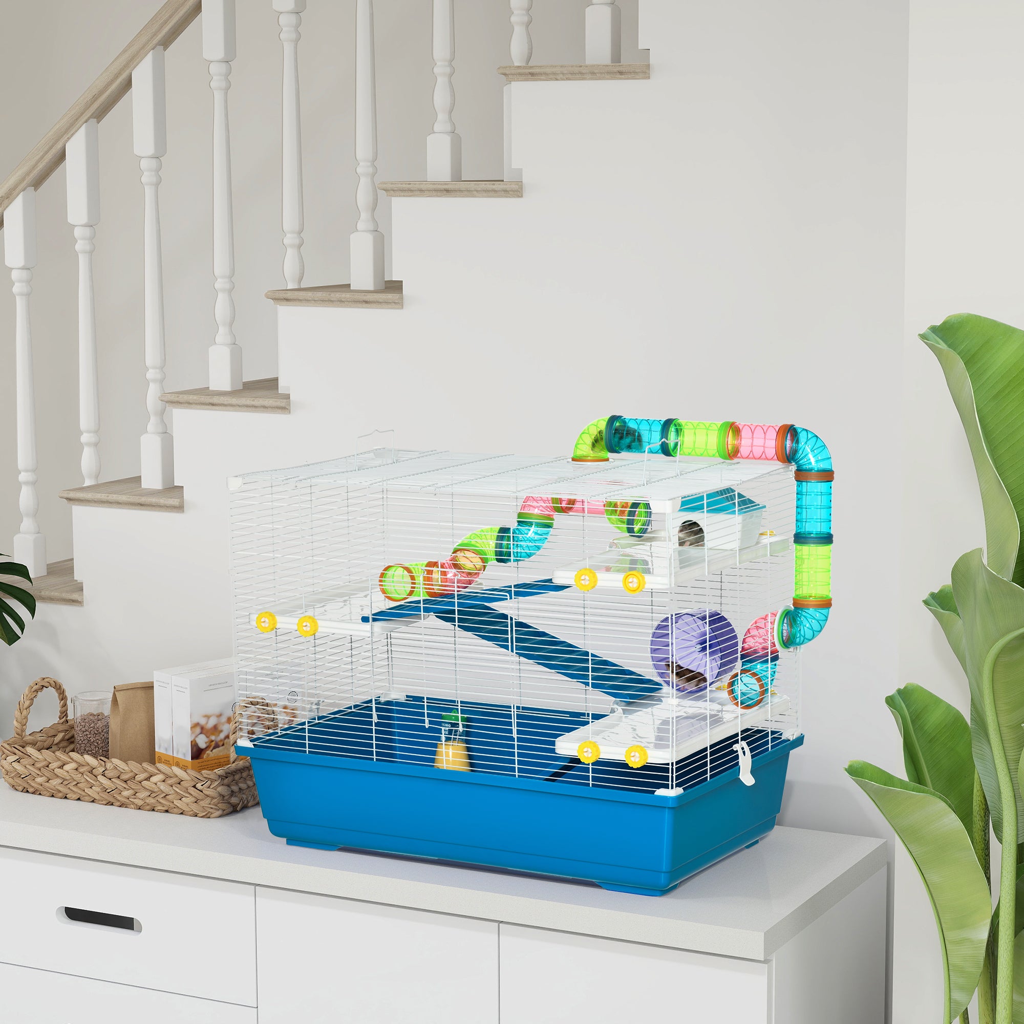 PawHut 31" Large Hamster Cage, Small Animal House, Multi-storey Gerbil Haven, Tunnel Tube System, with Water Bottle, Exercise Wheel, Food Dish, Ramps, Blue