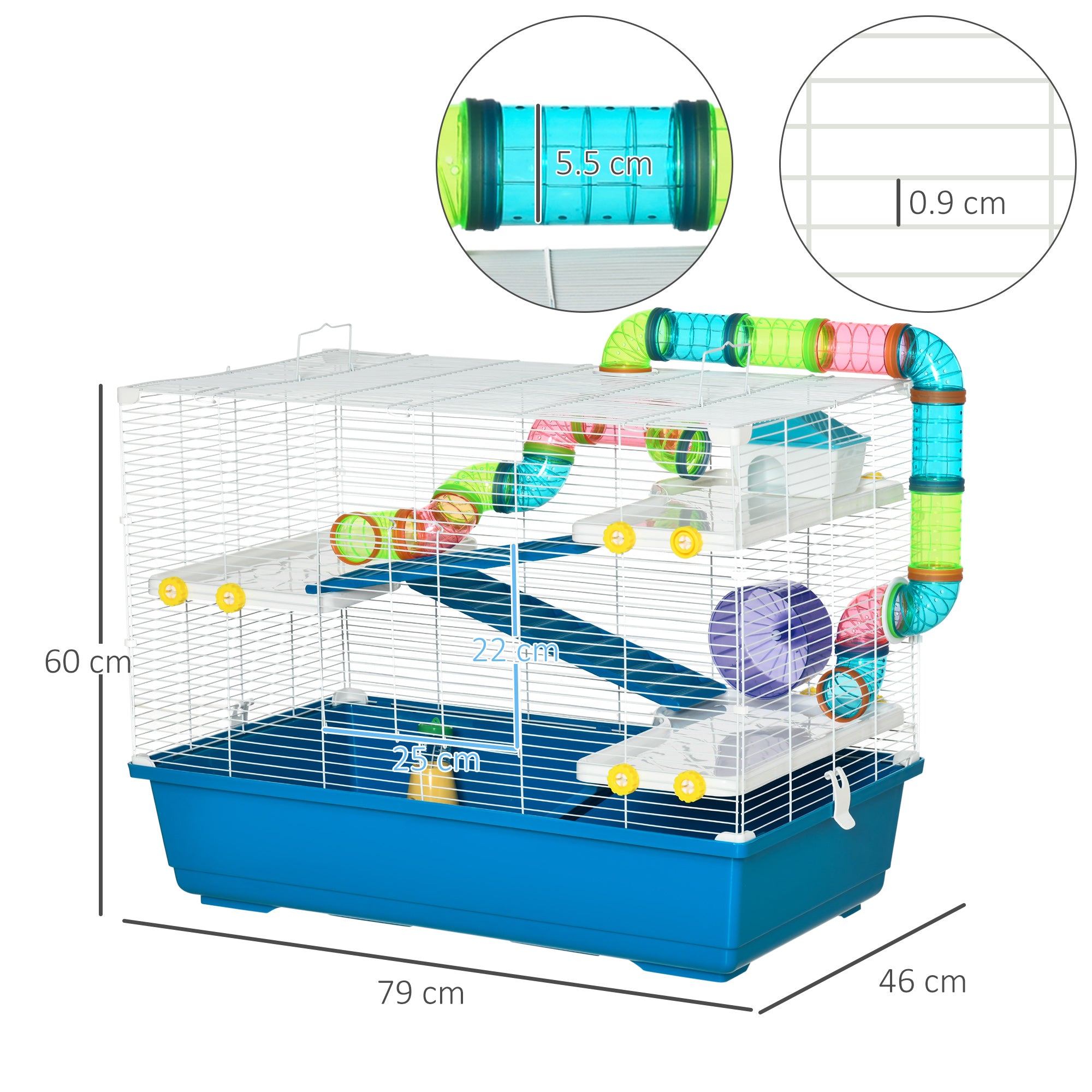 PawHut Large Hamster Cage with Tubes, Multilevel Rodent House with Exercise Wheel, Gerbil Cage with Water Bottle, Food Dish, Ramps 79 cm x 46 cm x 60 cm- Blue