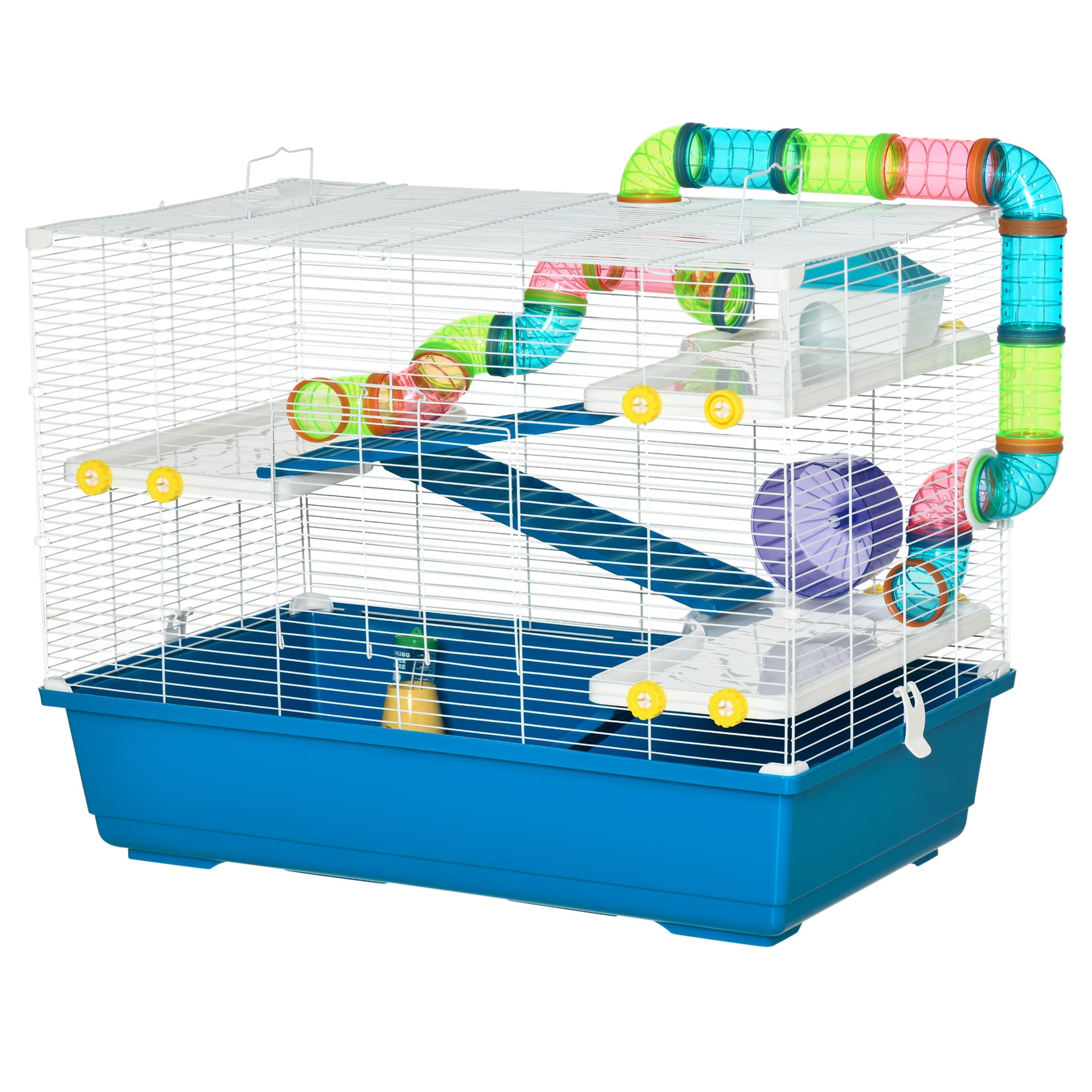 PawHut 31" Large Hamster Cage, Small Animal House, Multi-storey Gerbil Haven, Tunnel Tube System, with Water Bottle, Exercise Wheel, Food Dish, Ramps, Blue