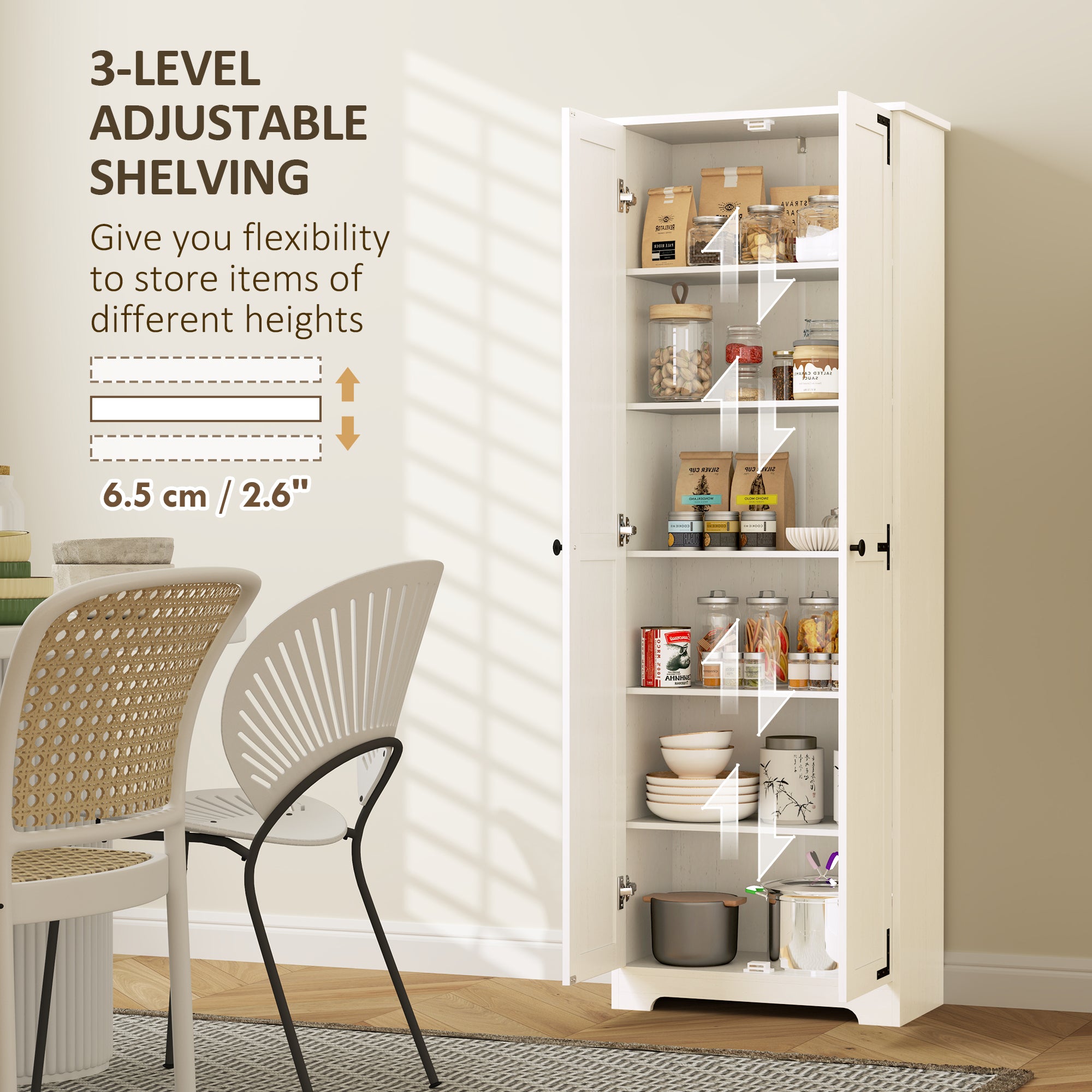 HOMCOM 67" Farmhouse Pantry Cabinet, Tall Kitchen Pantry with Adjustable Shelves, Freestanding Storage Cabinet with Recessed Doors, Distressed White