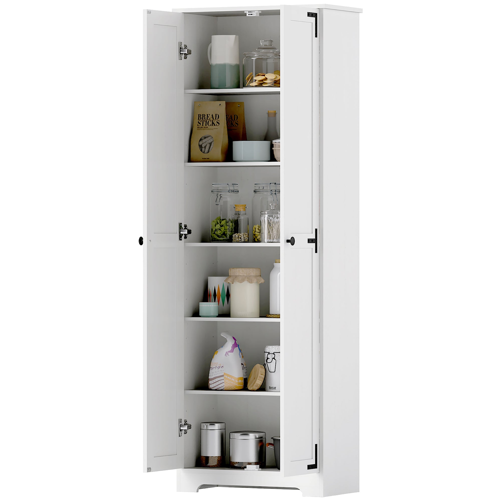 HOMCOM 67" Farmhouse Pantry Cabinet, Tall Kitchen Pantry with Adjustable Shelves, Freestanding Storage Cabinet with Recessed Doors, Distressed White