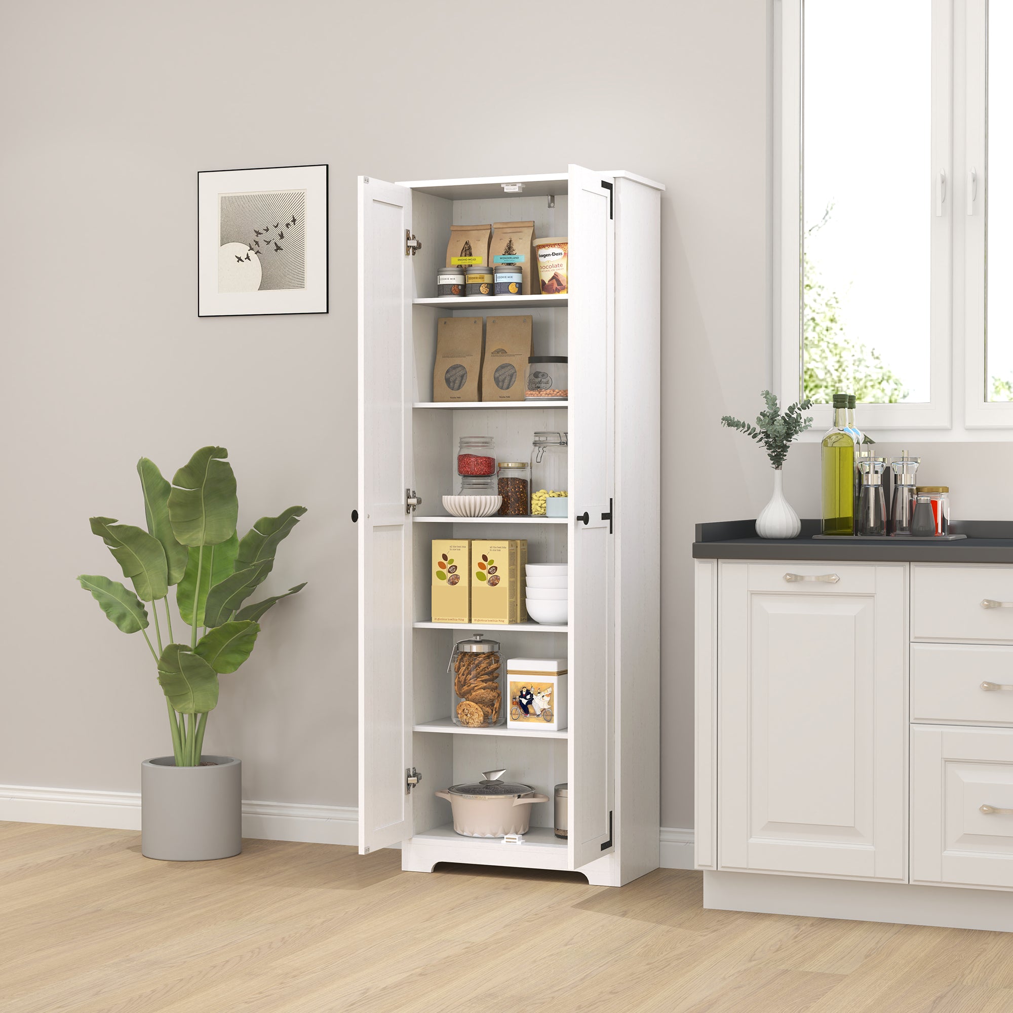 HOMCOM 67" Farmhouse Pantry Cabinet, Tall Kitchen Pantry with Adjustable Shelves, Freestanding Storage Cabinet with Recessed Doors, Distressed White