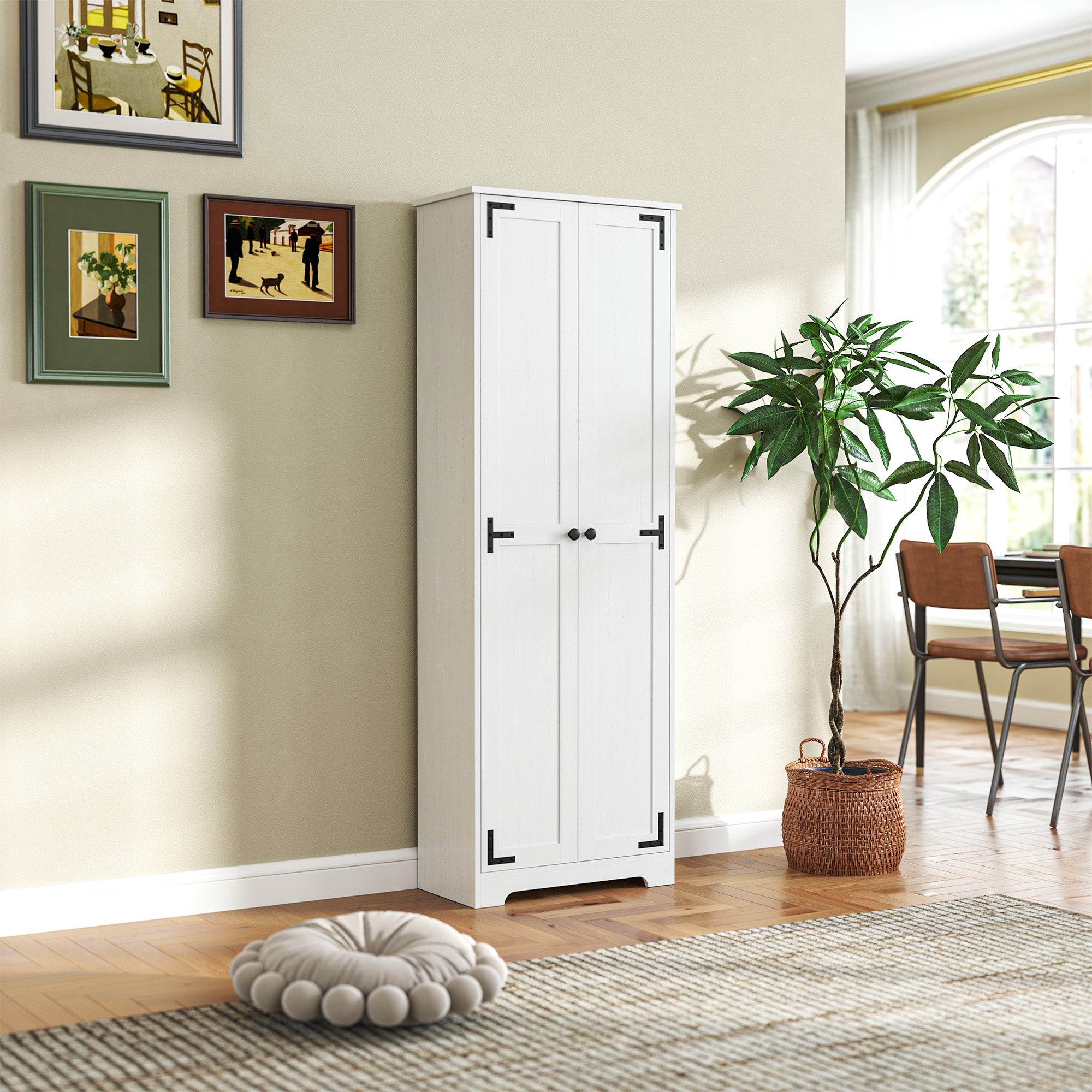 HOMCOM 67" Farmhouse Pantry Cabinet, Tall Kitchen Pantry with Adjustable Shelves, Freestanding Storage Cabinet with Recessed Doors, Distressed White