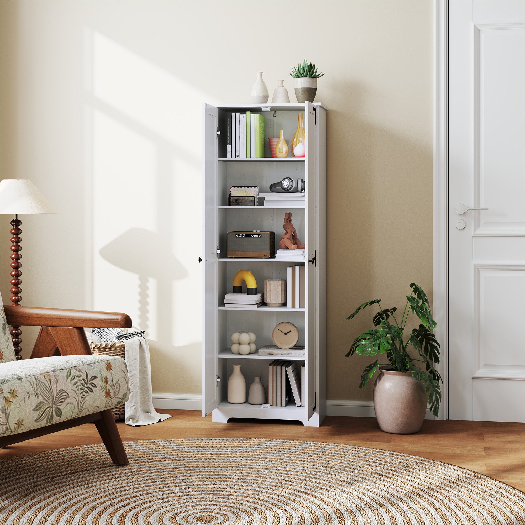 HOMCOM 67" Farmhouse Pantry Cabinet, Tall Kitchen Pantry with Adjustable Shelves, Freestanding Storage Cabinet with Recessed Doors, Distressed White