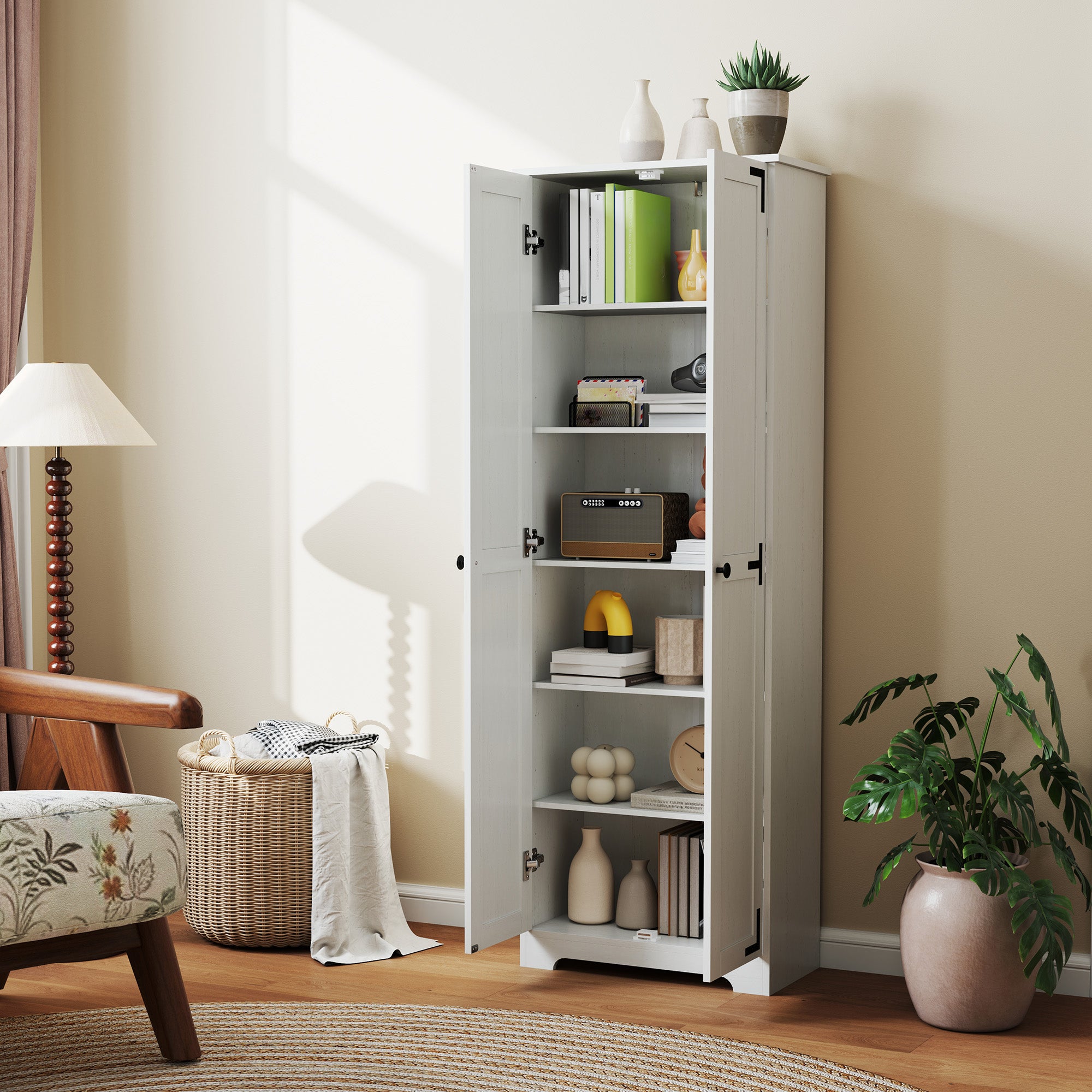 HOMCOM 67" Farmhouse Pantry Cabinet, Tall Kitchen Pantry with Adjustable Shelves, Freestanding Storage Cabinet with Recessed Doors, Distressed White