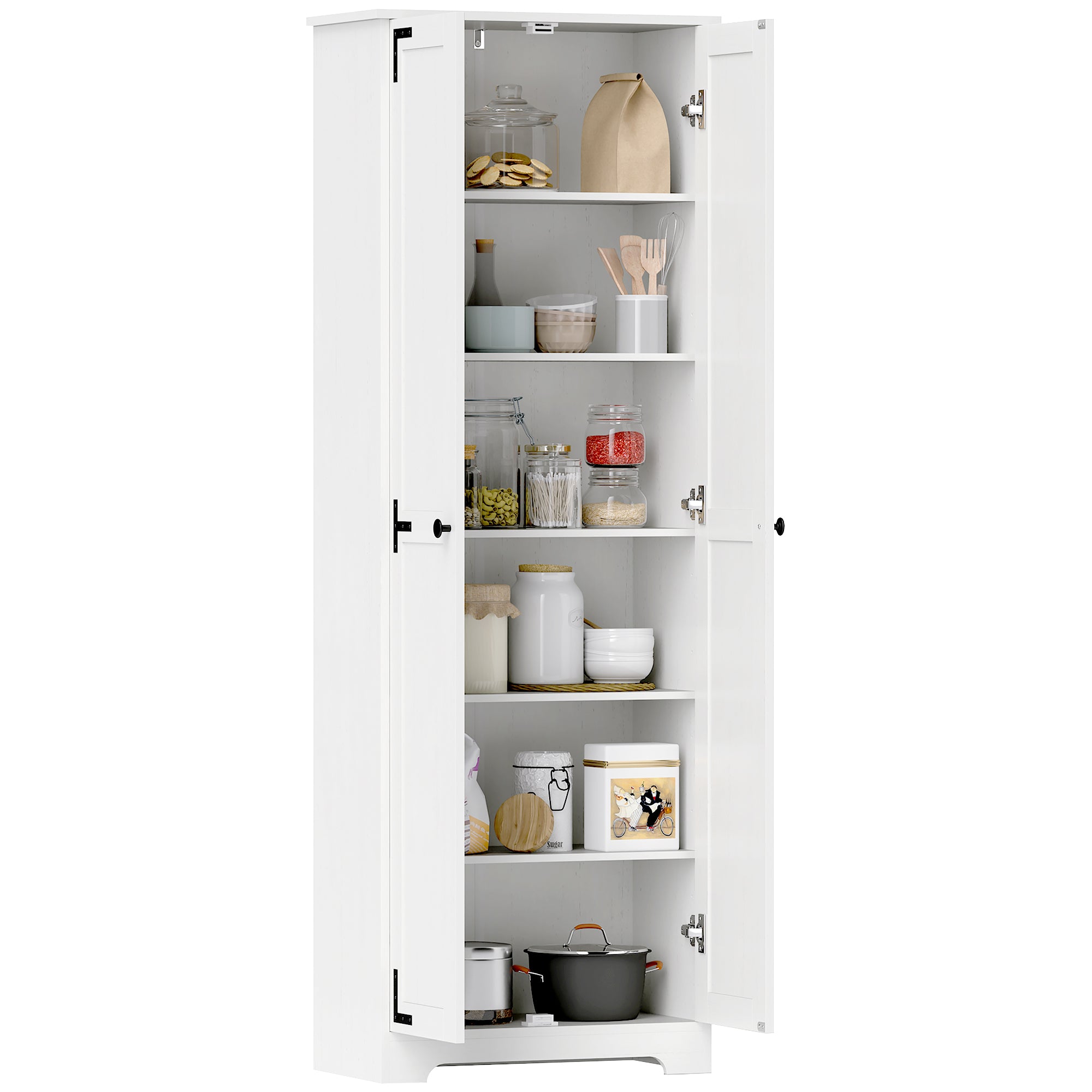 HOMCOM 67" Farmhouse Pantry Cabinet, Tall Kitchen Pantry with Adjustable Shelves, Freestanding Storage Cabinet with Recessed Doors, Distressed White