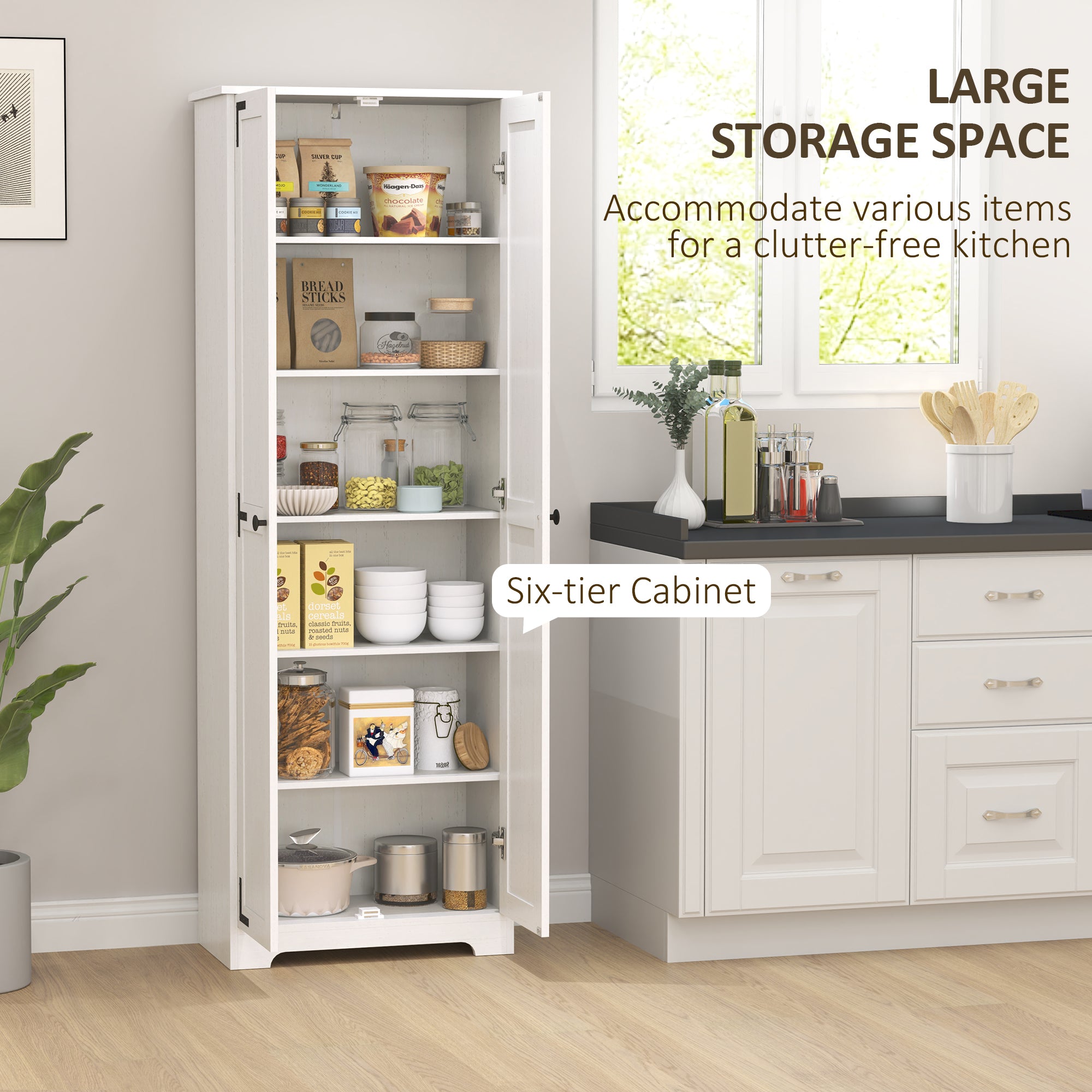 HOMCOM 67" Farmhouse Pantry Cabinet, Tall Kitchen Pantry with Adjustable Shelves, Freestanding Storage Cabinet with Recessed Doors, Distressed White